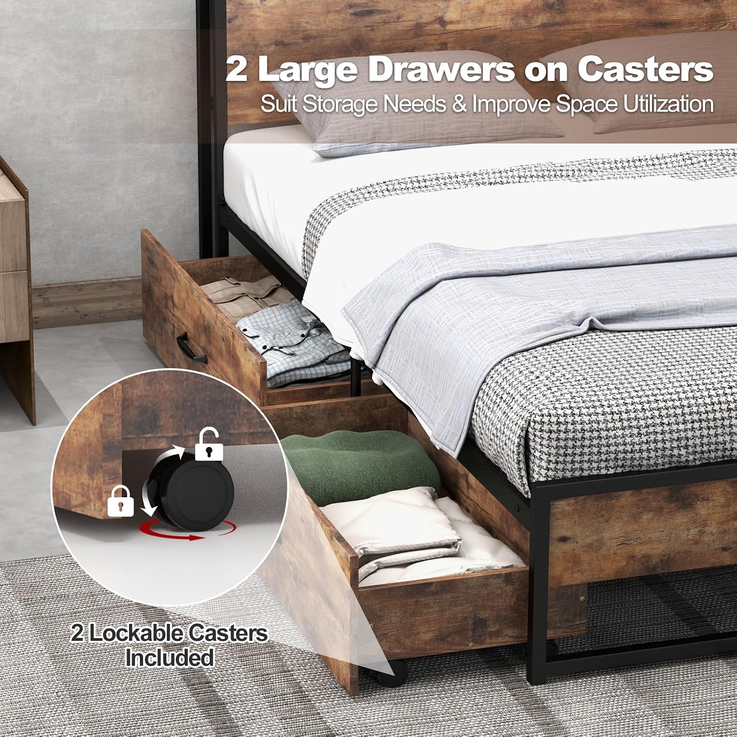 Giantex Full Bed Frame with 2 Storage Drawers and Charging Station, Industrial Platform Bed Frame with 2-Tier Storage Headboard, Rustic Metal Slats Support Mattress Foundation, No Box Spring Needed