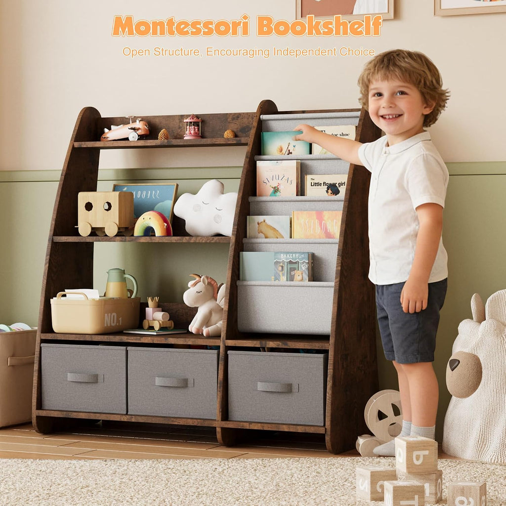 NACHES Kids Bookshelf and Toy Storage Organizer, Montessori Nursery Book Shelves with Sling Rack & Fabric Toy Bins, Toddler Baby Bookcase, Wooden Toy Shelf for Kids Room, Playroom, Sail-Rustic Brown