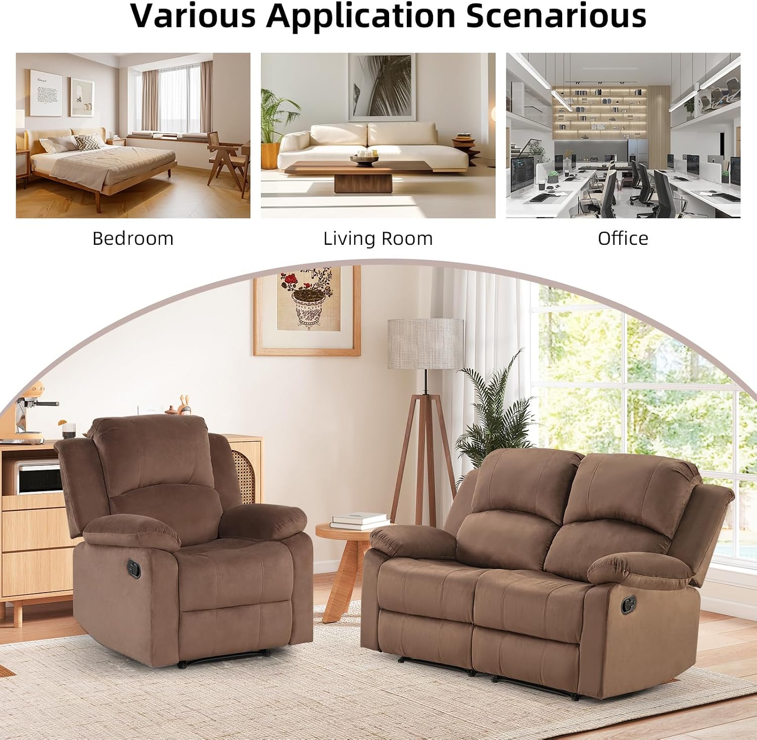EBELLO Manual Reclining Couch Set for Living Room, Include 1 Recliner Chair, 1 Loveseat Sofa, Recliner Sofa Furniture Set for Home and Office, Brown