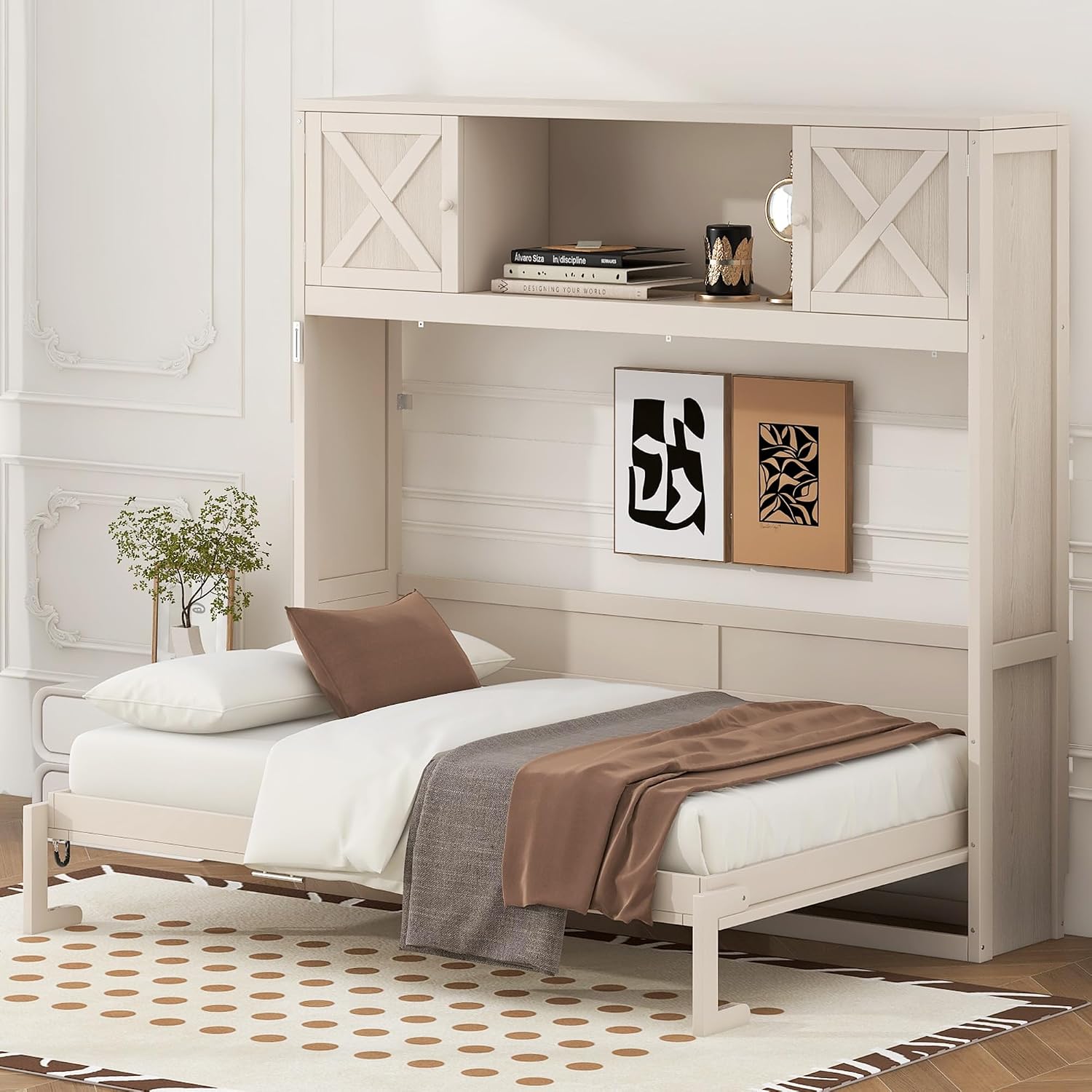 Harper & Bright Designs Full Size Murphy Bed, Wood Hidden Foldable Wall Bed Frame with Storage Cabinet for Bedroom, Office, Space-Saving, Beige