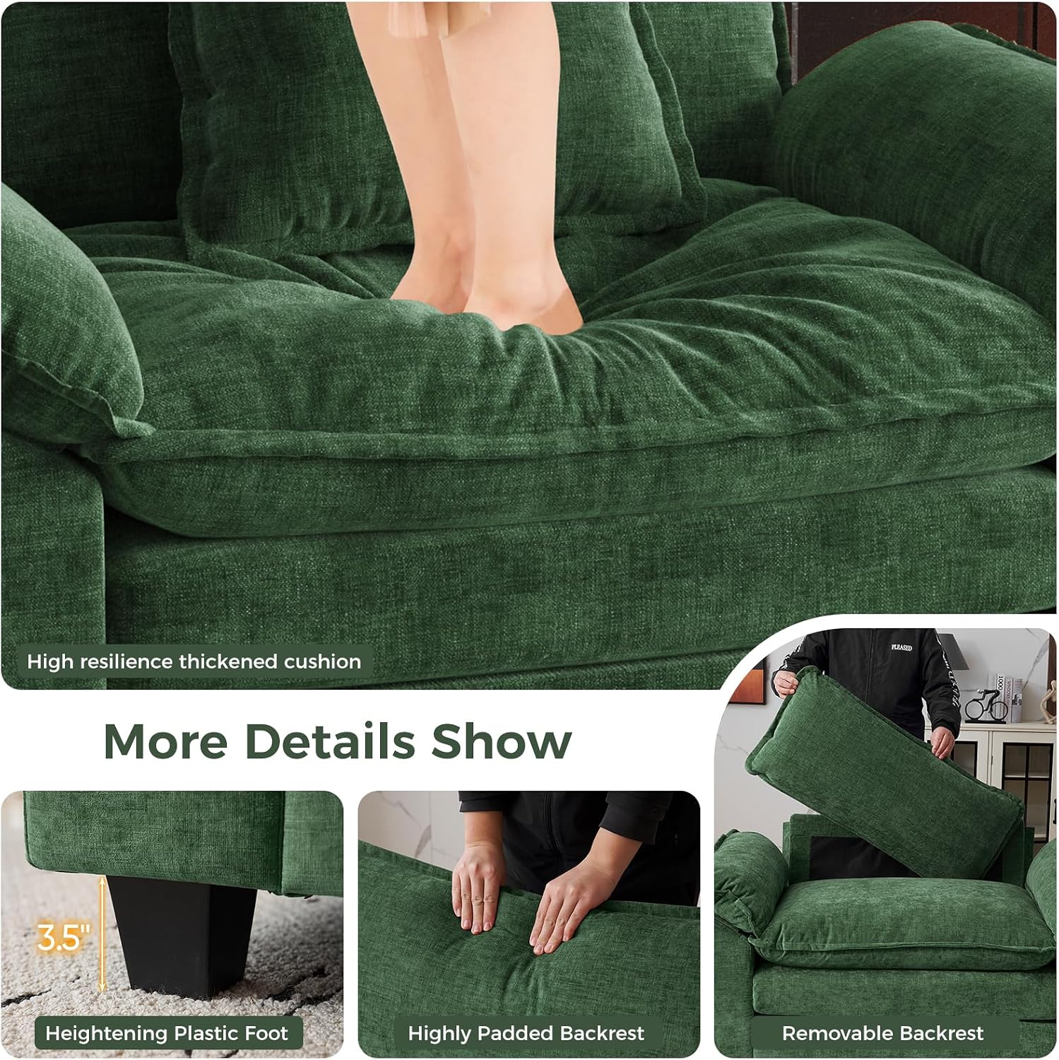HUSFU 49.5'' W Oversized Accent Chair, Chenille Cloud Sofa Chair with Deep Seat and Extra Wide Armrests, Comfy Reading Armchair for Bedroom, Living Room, Set of 2, Green