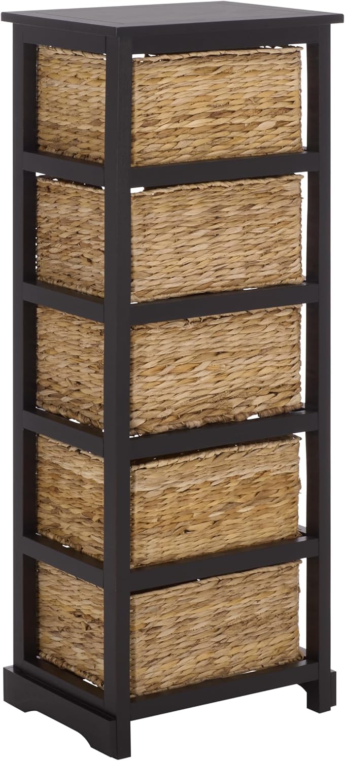 SAFAVIEH Furniture - Vedette 5-Basket Storage Tower - Distressed Black - Solid Wood - Coastal Basket Tower Design - Ideal for Entryway, Living Room, 17.5'W x 13.5'D x 46'H - Fully Assembled (AMH5739A)