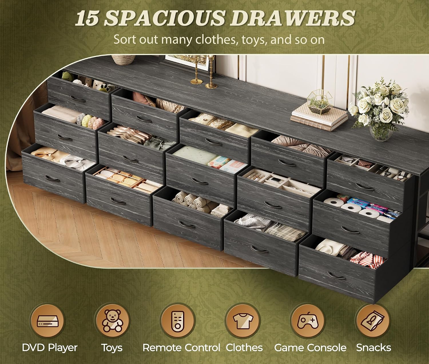 Huuger 78.7 inch Long Dresser for Bedroom, 15 Drawer Fabric Dresser for Closet, Large TV Stand for 65, 75, 85 inch TV, Wide Chest of Drawer with Storage, 78.7' W x 12.9' D x 26.7' H, Charcoal Black