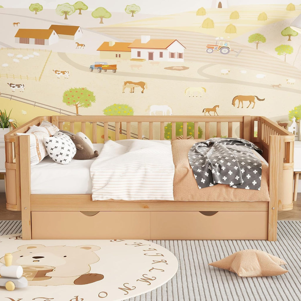 Harper & Bright Designs Full Size Low Platform Bed Frame, Daybed with Fence and Drawers, Low Profile Bed for Kids Bed Room, Natural