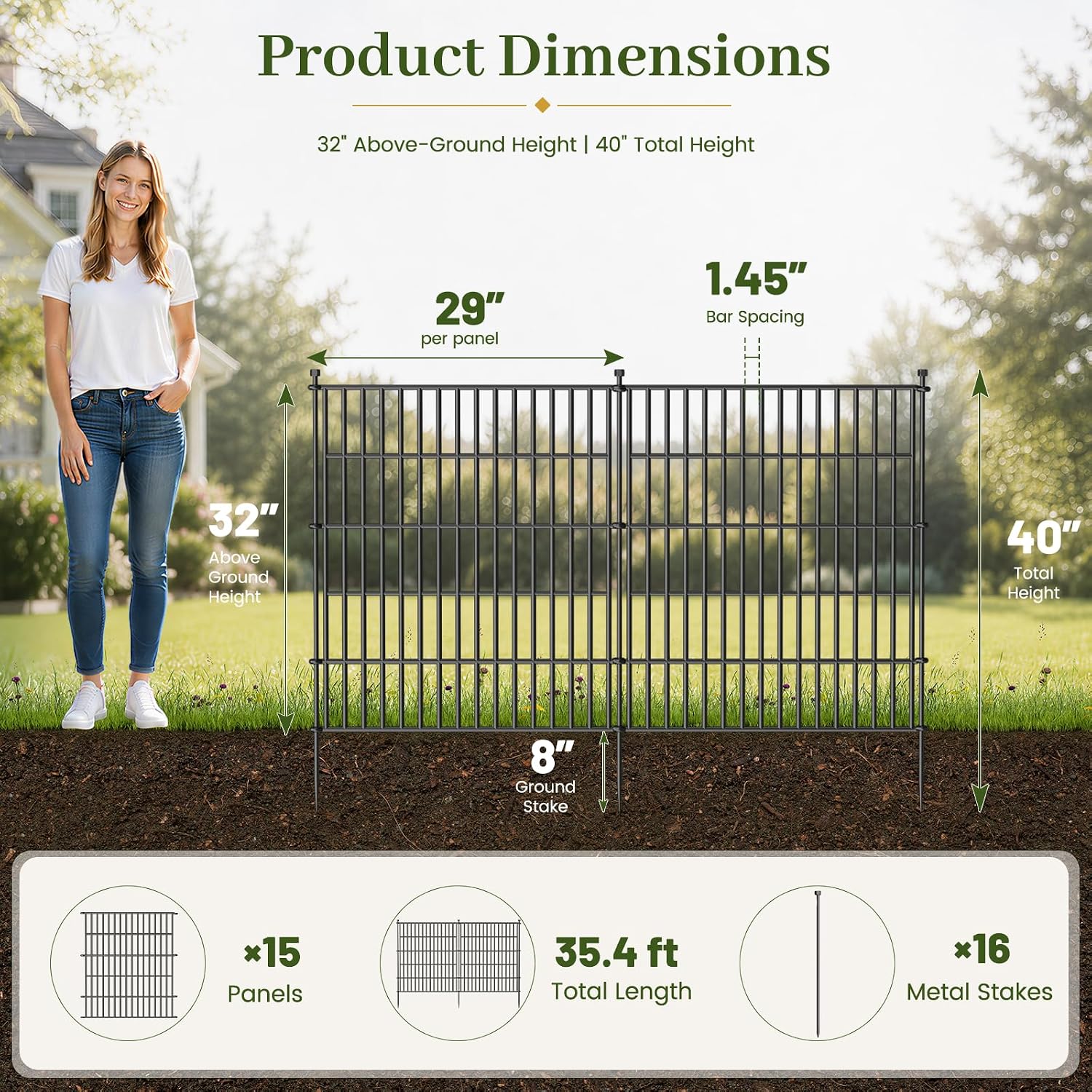 No-Dig Decorative Outdoor Garden Fence for Yard, Animal Barrier Fencing for Dog | Rustproof Metal Temporary Fence for Patio, Pet and Flower Bed | 32in (H) x 35.4ft(L), 15 Panels