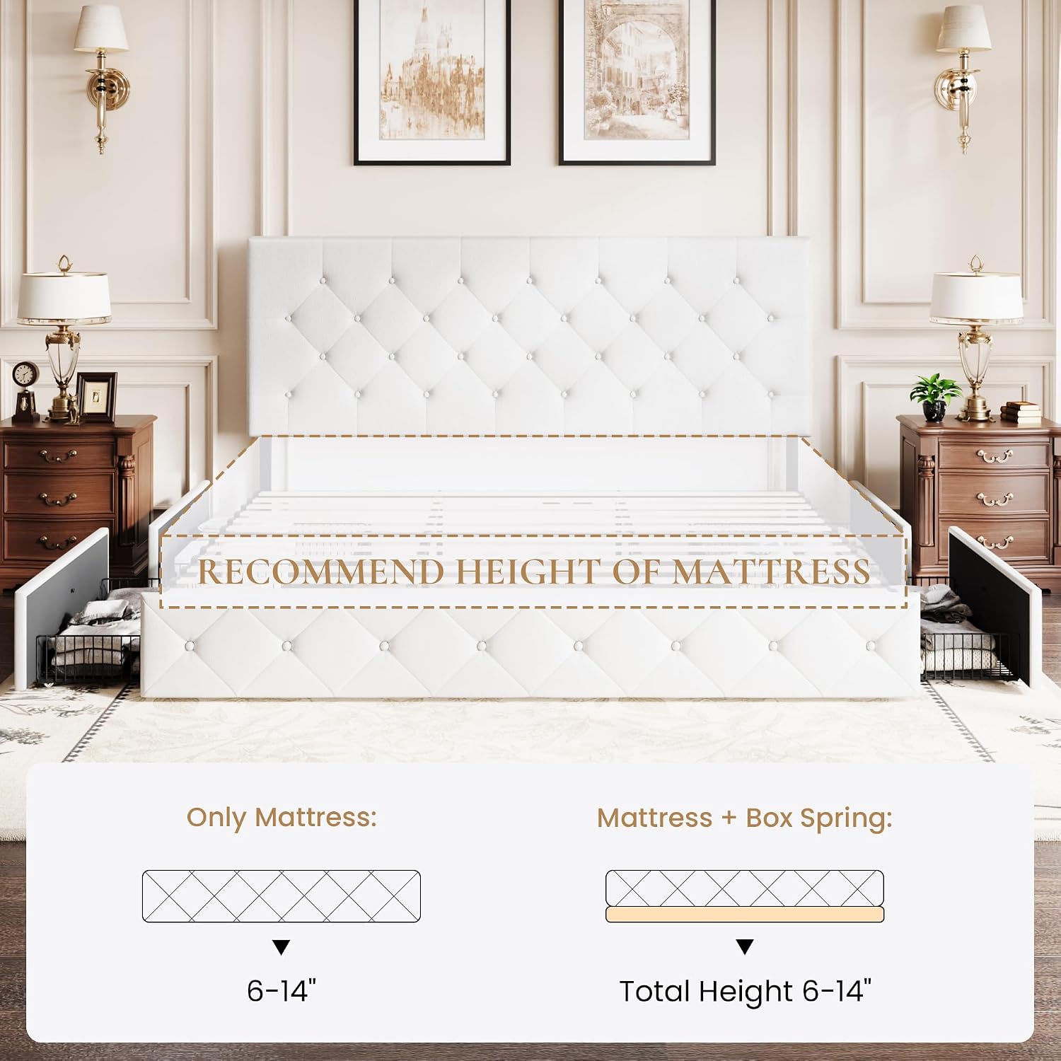 SHA CERLIN Upholstered King Platform Storage Bed Frame with 4 Drawers, Adjustable Headboard with Faux Leather Diamond Button Tufted Design, Wooden Slat Support, No Box Spring Needed, White