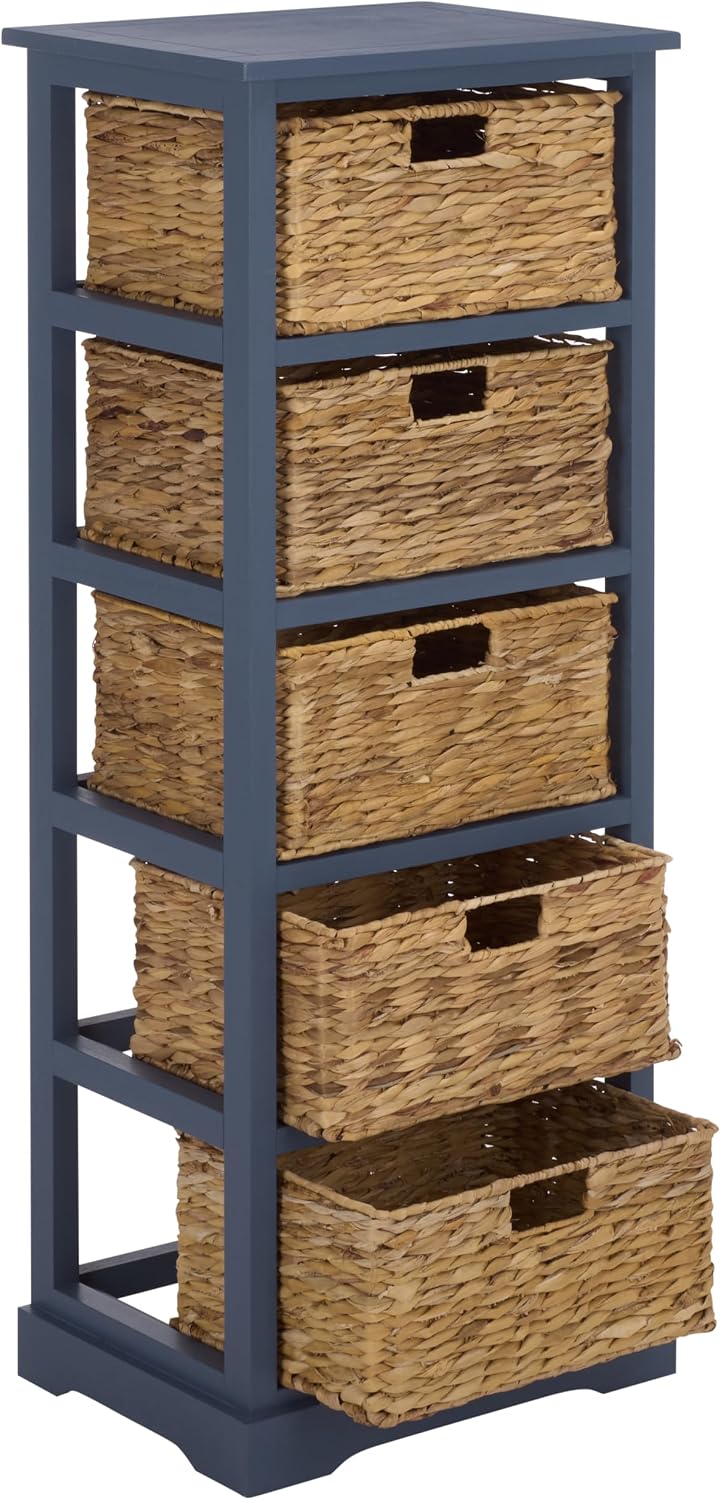 SAFAVIEH Furniture - Vedette 5-Basket Storage Tower - Blue - Solid Wood - Coastal Basket Tower Design - Ideal for Entryway, Living Room, 17.5' W x 13.5' D x 46' H - Fully Assembled (AMH5739H)