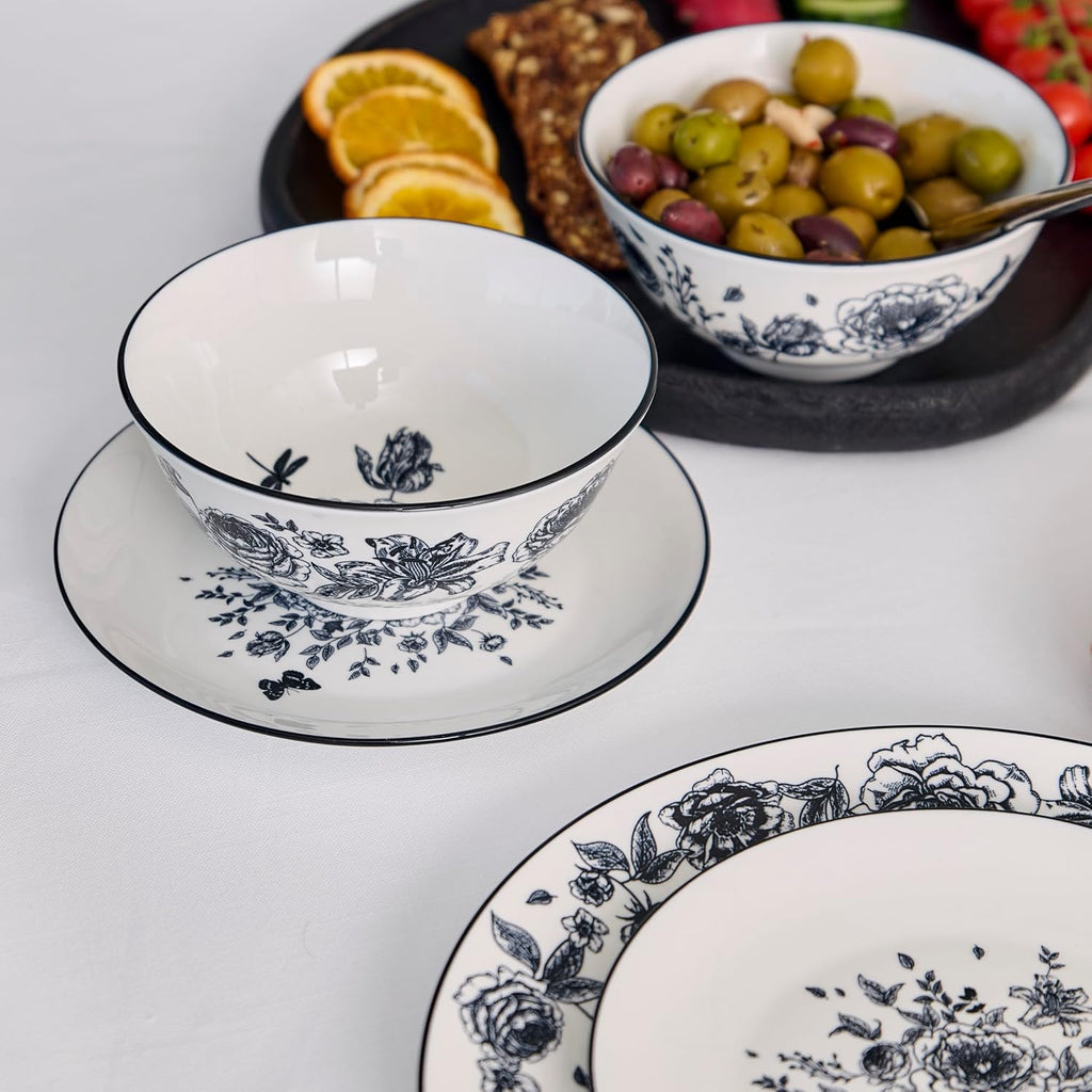 Stone Lain Esme 24-Piece Dinnerware Set Porcelain, Plates and Bowls Set, Dish Set for 8, Microwave and Dishwasher Safe, Black