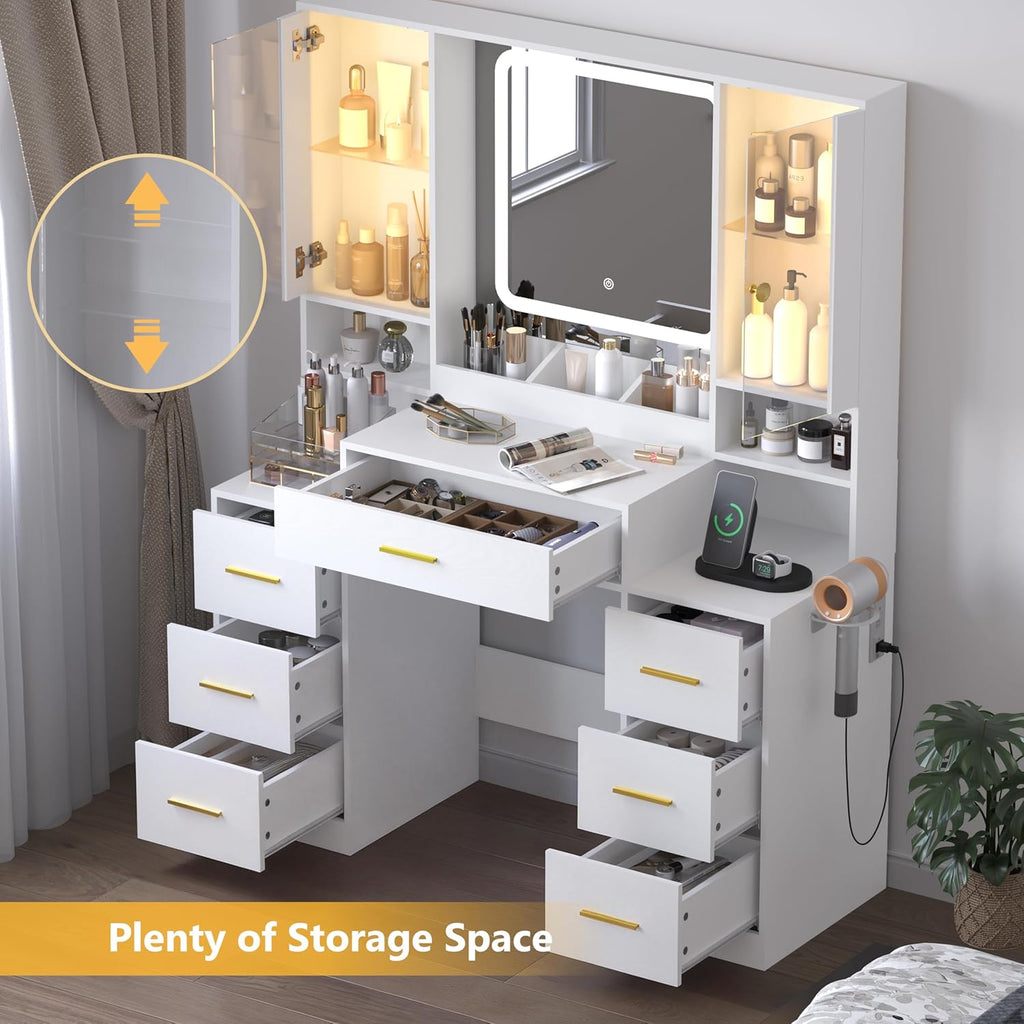 Wodeer White Makeup Vanity Desk with Mirror & Lights, Modern Vanity Table with Charging Station, 7 Drawers, Glass Cabinet, Adjustable Shelves, Bedroom Dressing Table Set for Women & Girls
