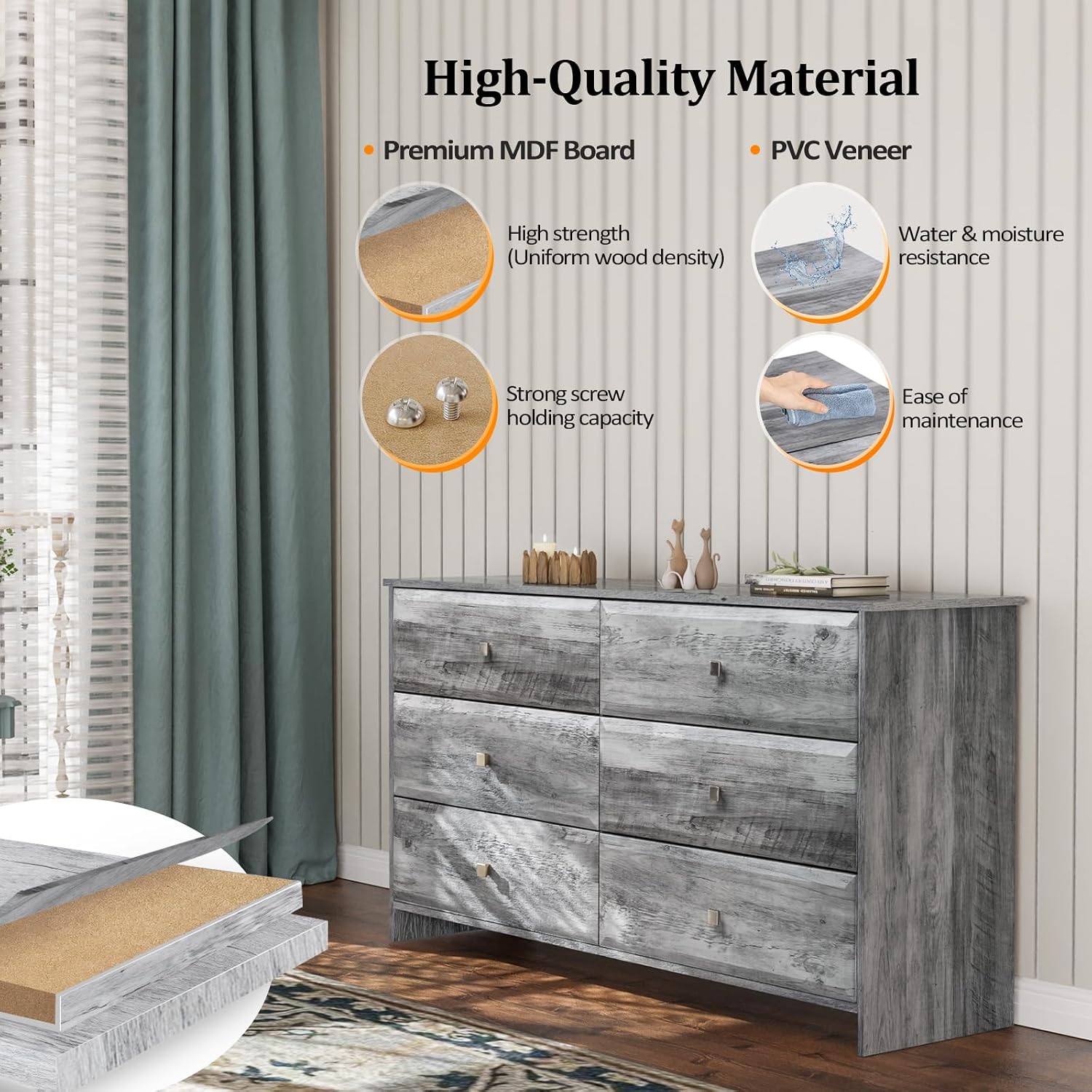 VINGLI Washed Gray Dresser 6 Drawer, 53.9' Long Dresser Wood with Textured Drawer Front, Grey Chest Dressers for Bedroom, Storage Cabinet, Chest of Drawers, Living Room,Hallway,Rustic