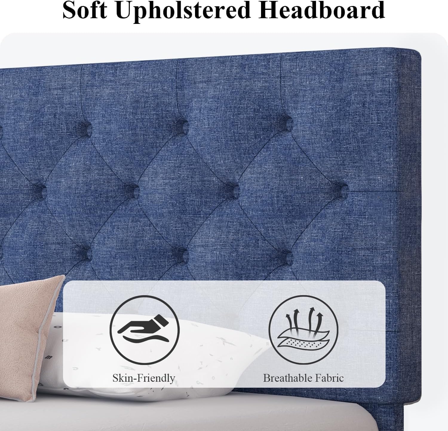 HOMBCK King Size Bed Frame, Linen Fabric Upholstered Bed Frame King Size with Headboard, Wood Slats Support, Button Tufted Design, No Box Spring Needed, Blue