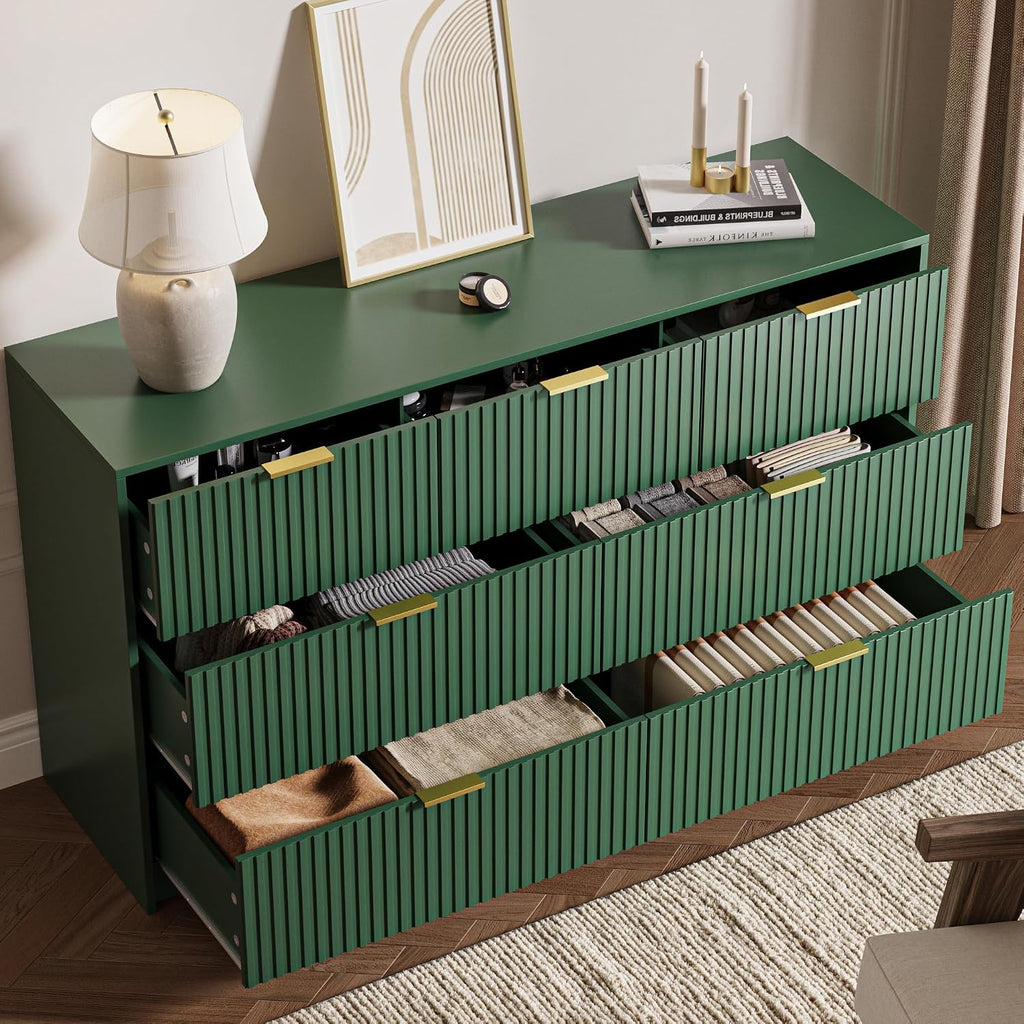 MAISONARIA Green 7 Drawer Dresser for Bedroom, 55.9' Wide Modern Fluted Dresser with Gold Metal Handles, Wide Chest of Drawers for Bedroom, Living Room, Entryway, Hallway