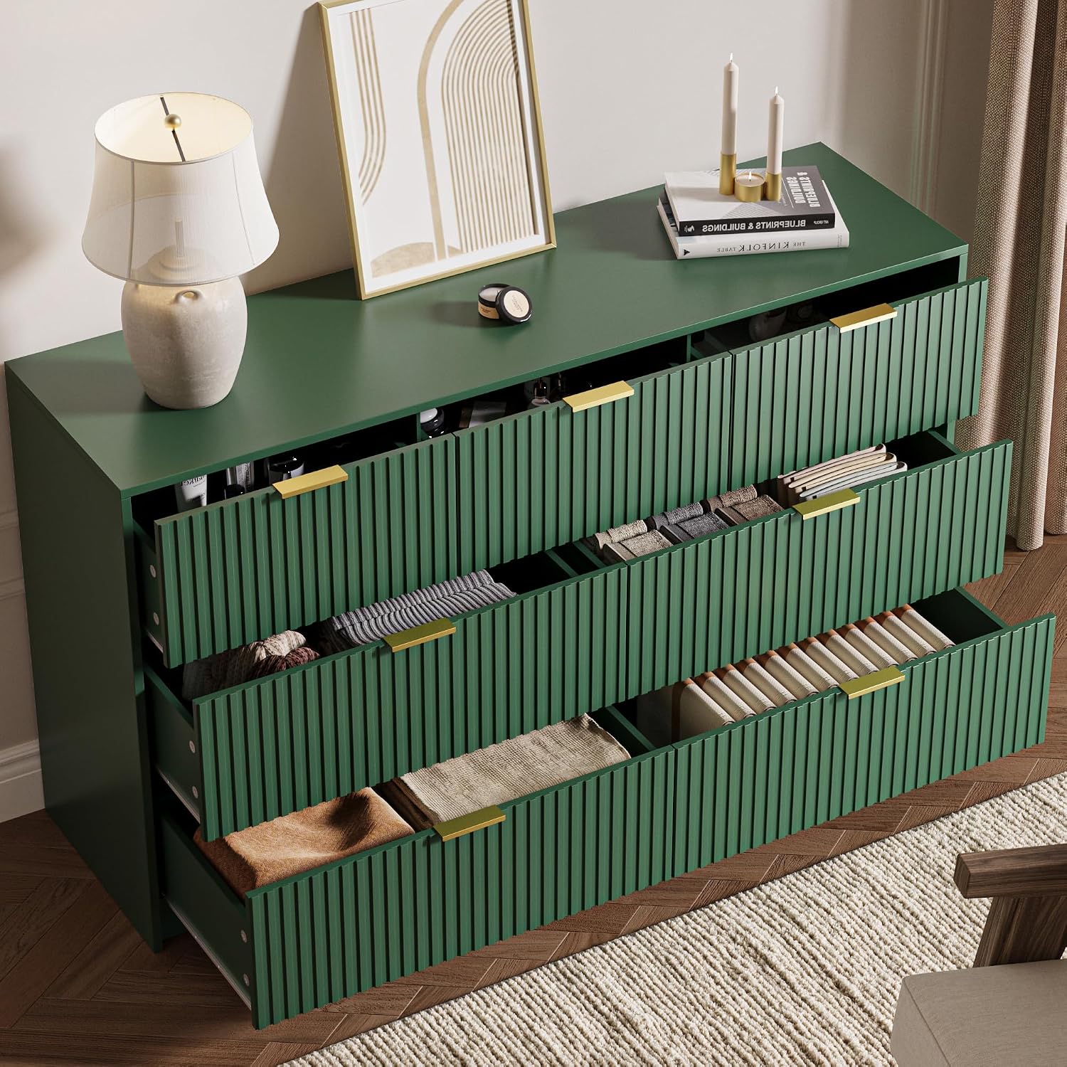 MAISONARIA Green 7 Drawer Dresser for Bedroom, 55.9' Wide Modern Fluted Dresser with Gold Metal Handles, Wide Chest of Drawers for Bedroom, Living Room, Entryway, Hallway