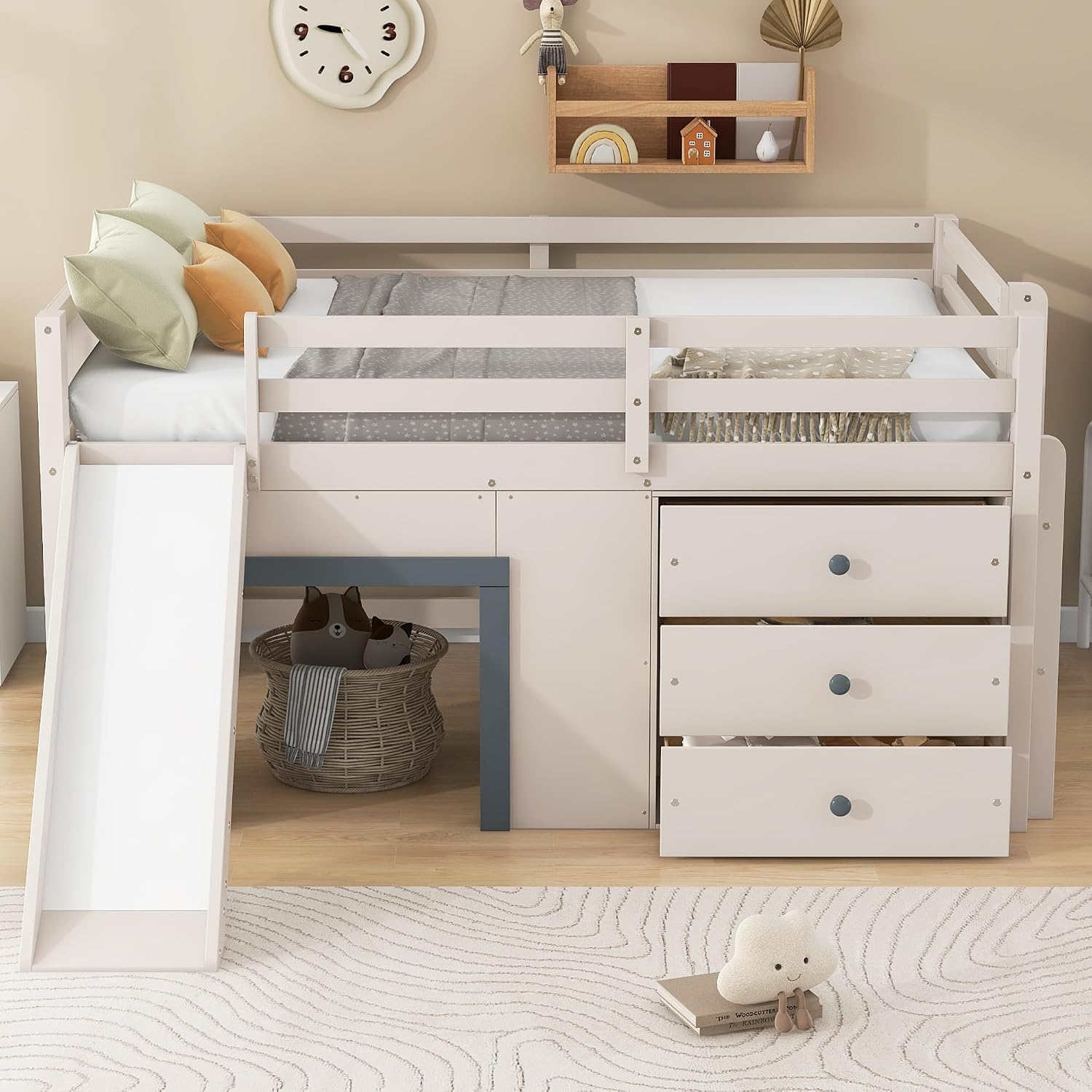 JIVOIT Wooden Low Loft Bed with Slide, Full Size Loft Bed with Three Storage Drawers and Two Doors, Wood Slat Support, No Box Spring Required