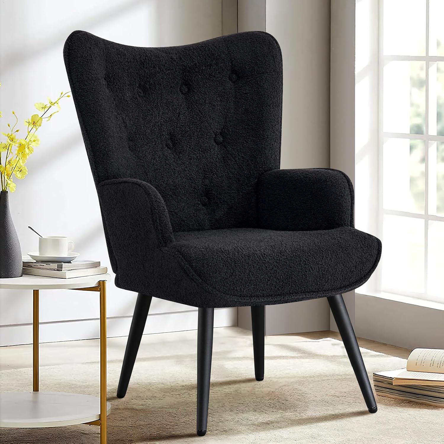 Furniliving Boucle Accent Chair for Living Room, Upholstered Reading Chair with High Backrest, Tufted-Button Wingback Armchair for Bedroom, Dressing Room, Home Office, Black, Set of 2
