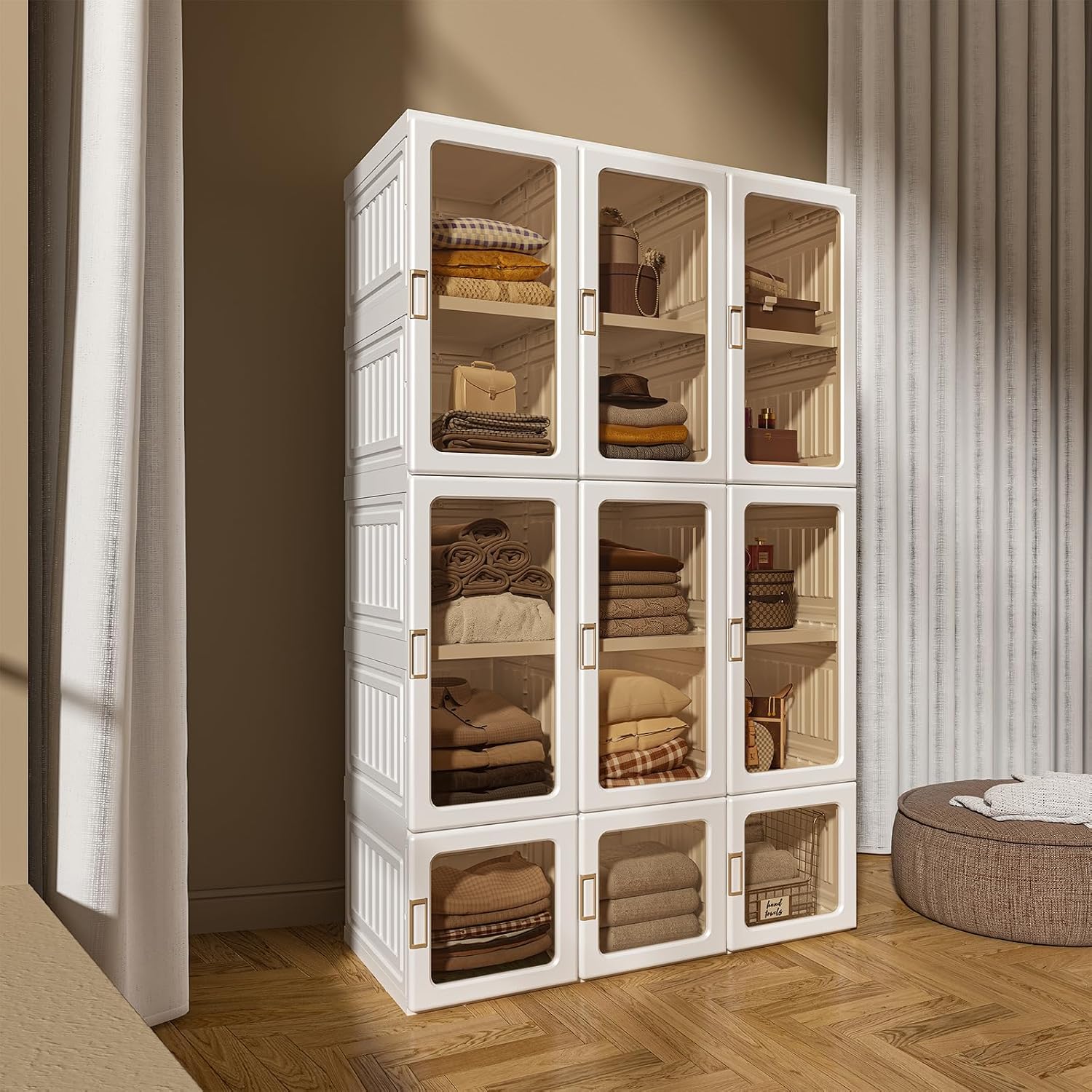 ANTBOX Portable Wardrobe Closet Storage Organizer for Clothes,Transparent Door Panels,Suitable for Living Room, Bedroom,Plastic Wardrobe with Magnetic Door and Easy Assembly 15 Cubes