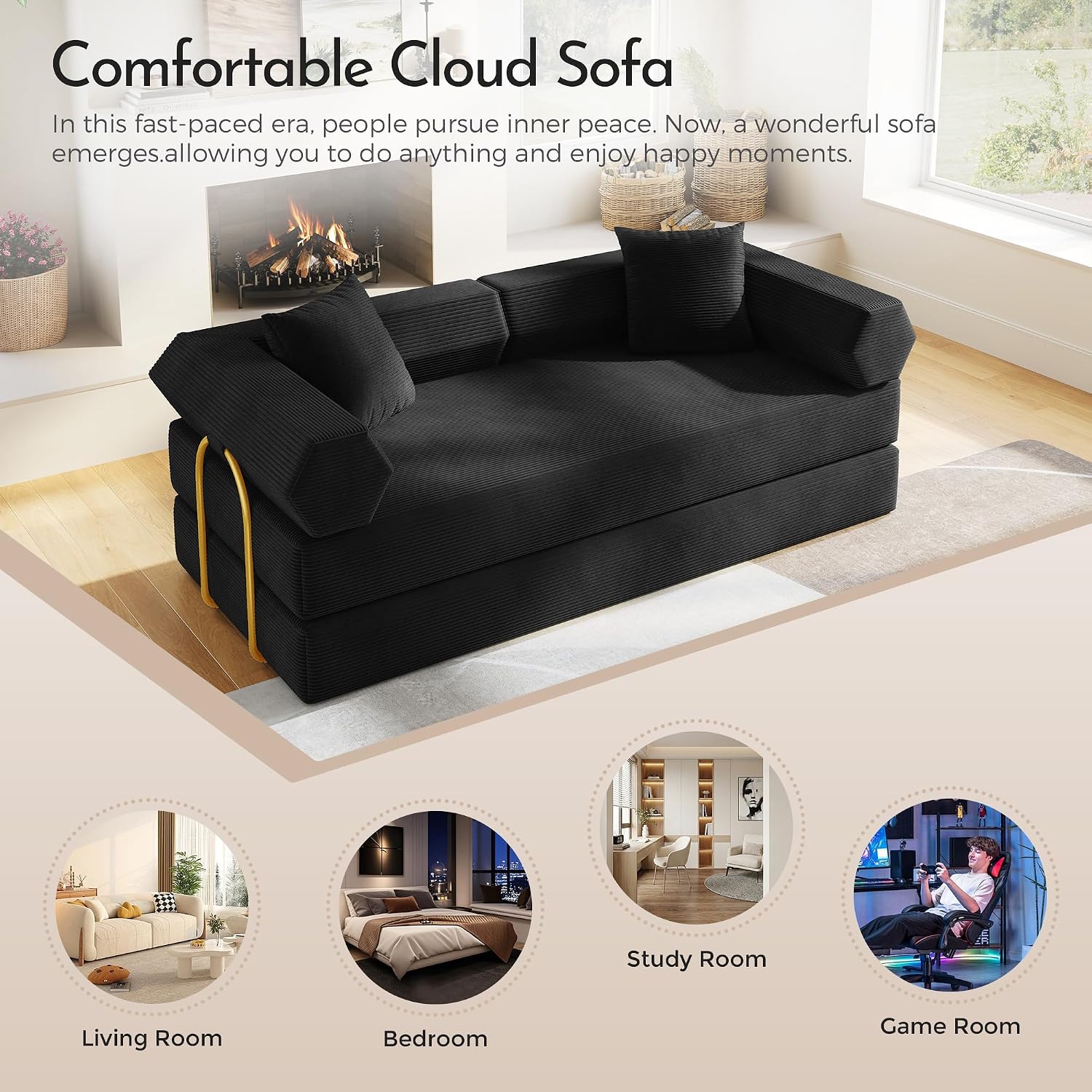 79'' Convertible Sofa Bed, 5-in-1 Folding Sleeper Couch with Pull Out Bed, Corduroy Modular Floor Sofa, No Assembly Space Saving Guest Bed for Living Room Apartment Bedroom (Black)