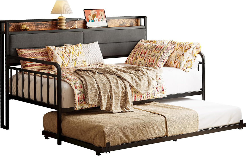 LIKIMIO Daybed with Trundle, Sturdy Metal Twin Bed Frame with Upholstered Headboard and Charging Station for Living Room, Bedroom and Guest Room, Black