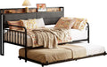 LIKIMIO Daybed with Trundle, Sturdy Metal Twin Bed Frame with Upholstered Headboard and Charging Station for Living Room, Bedroom and Guest Room, Black