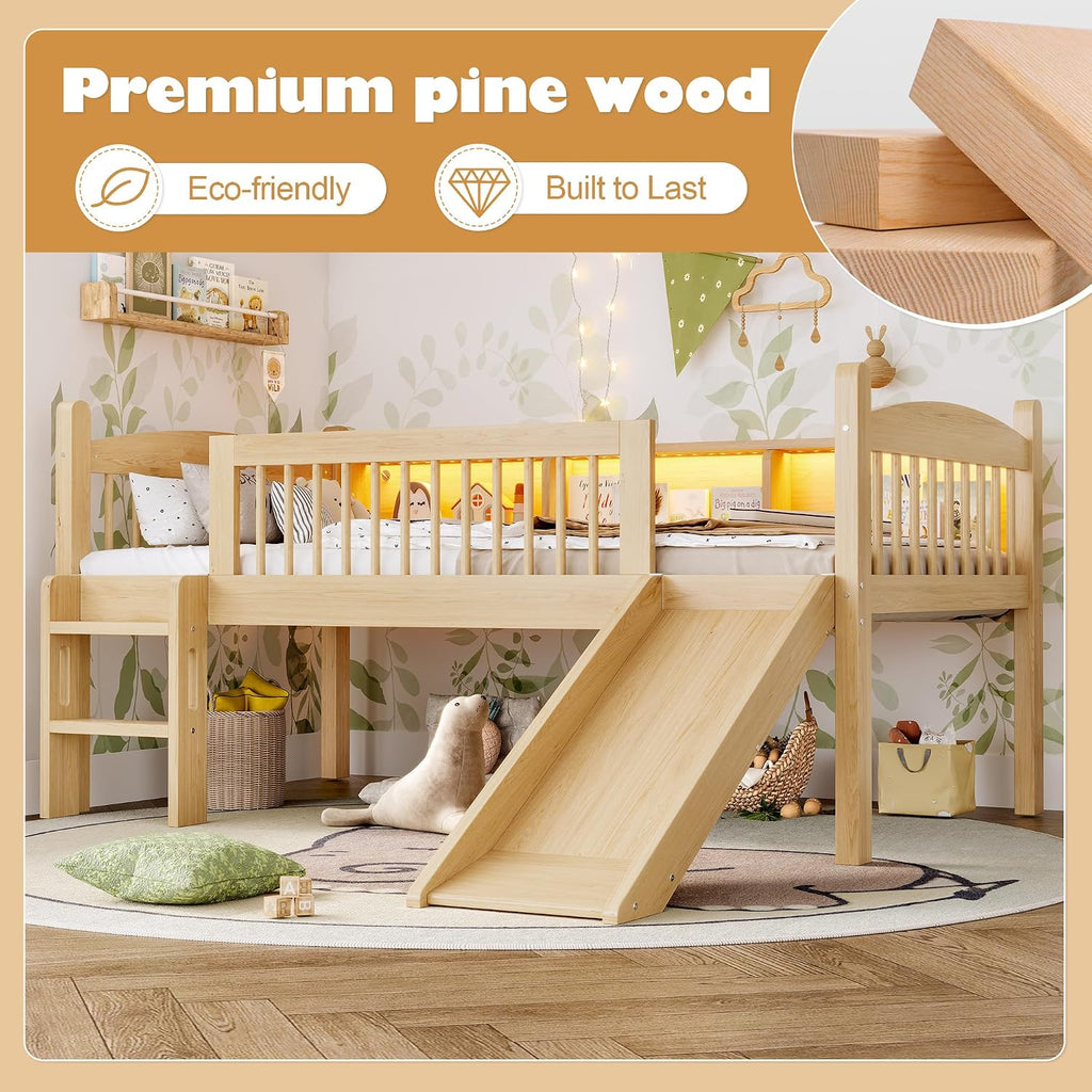 JIVOIT Twin XL Loft Bed with Storage Shelves, Solid Wood Lower Loft Bed with Full-Length Guardrails, Wood Slats Support, Space-Saving Design, No Box Spring Needed (Natural,Twin XL,51)
