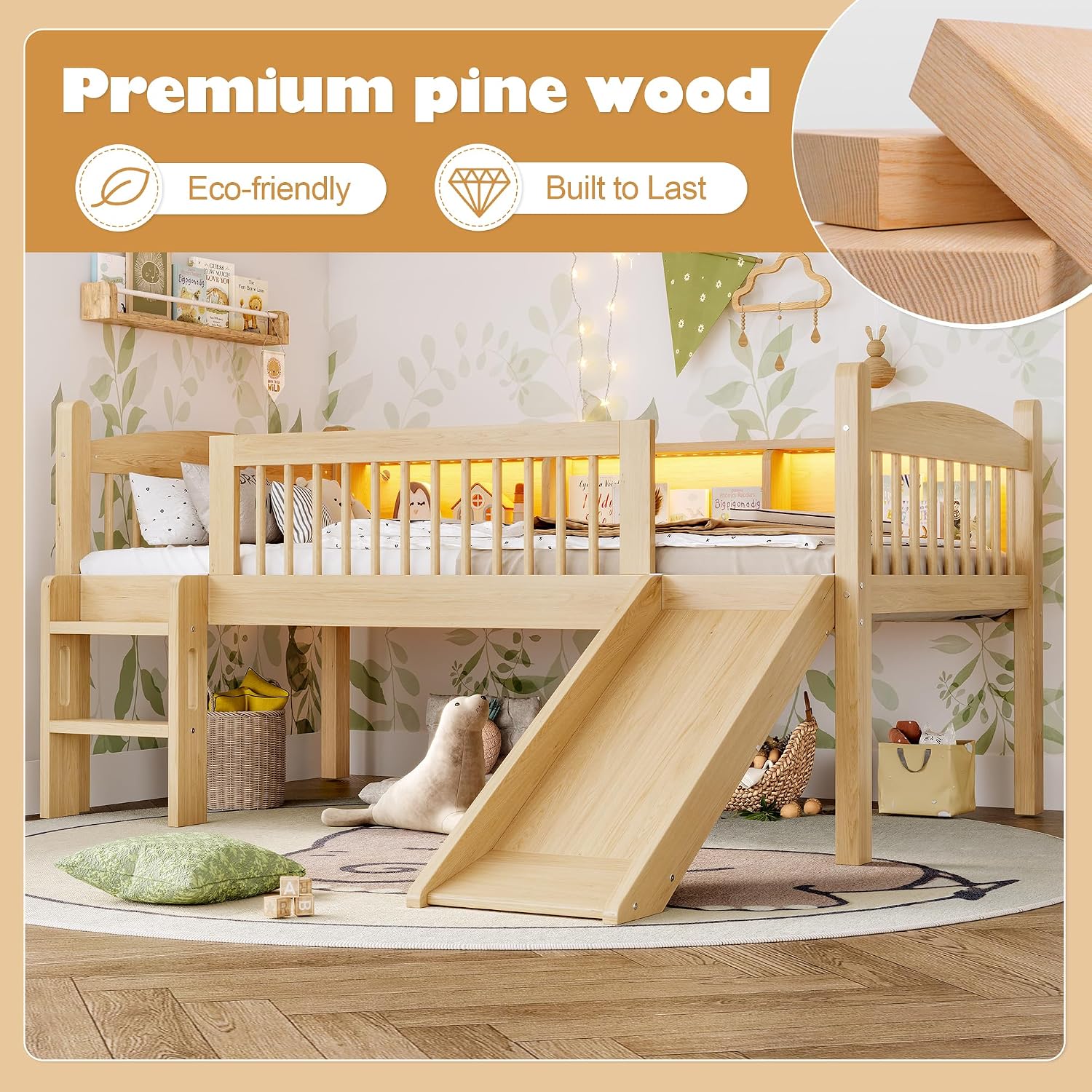 JIVOIT Twin XL Loft Bed with Storage Shelves, Solid Wood Lower Loft Bed with Full-Length Guardrails, Wood Slats Support, Space-Saving Design, No Box Spring Needed (Natural,Twin XL,51)