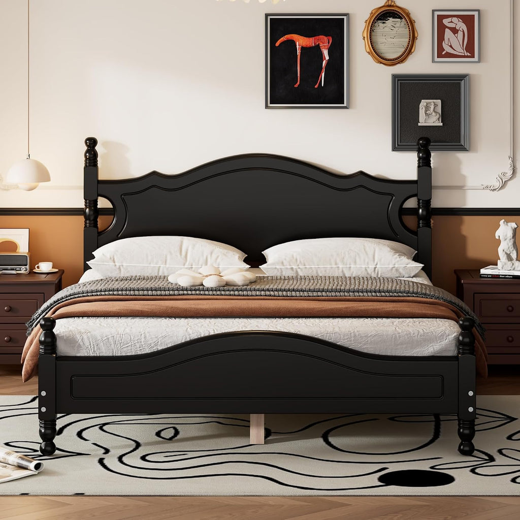 Merax Retro Queen Platform Bed with Headboard, Wood Bed Frame No Box Spring Needed/Easy Assemble, Black