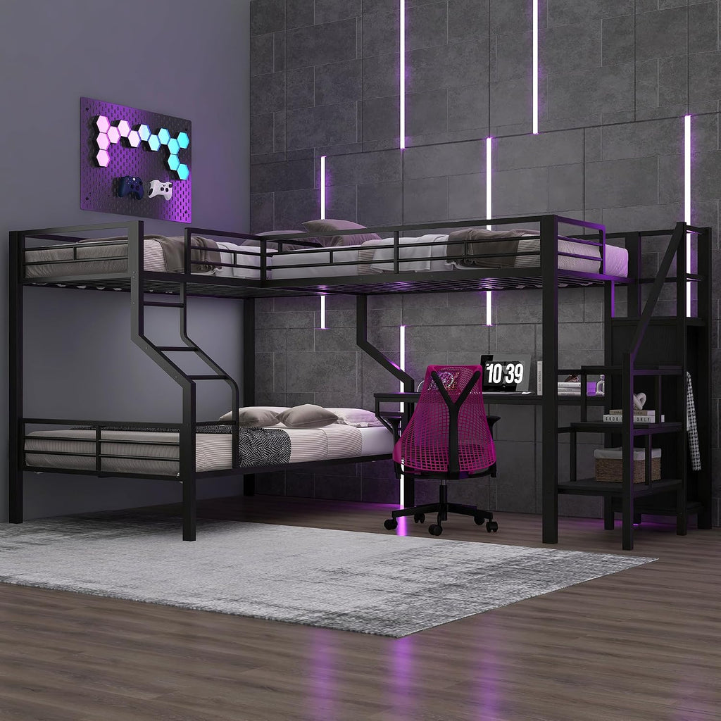 Merax Twin Over Full L-Shaped Metal Loft Bunk Bed with Built-in Desk, Storage Cabinet, and USB Charging Station – Modern Space-Saving Bedroom Set, Black