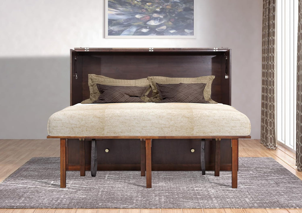 Mega Solutions Notturno Murphy Cabinet Bed Queen 8 inch Save Space in Style with Elegant Chestnut Wood Finish Charging Station - Guest Room or Small Apartment Must-Have