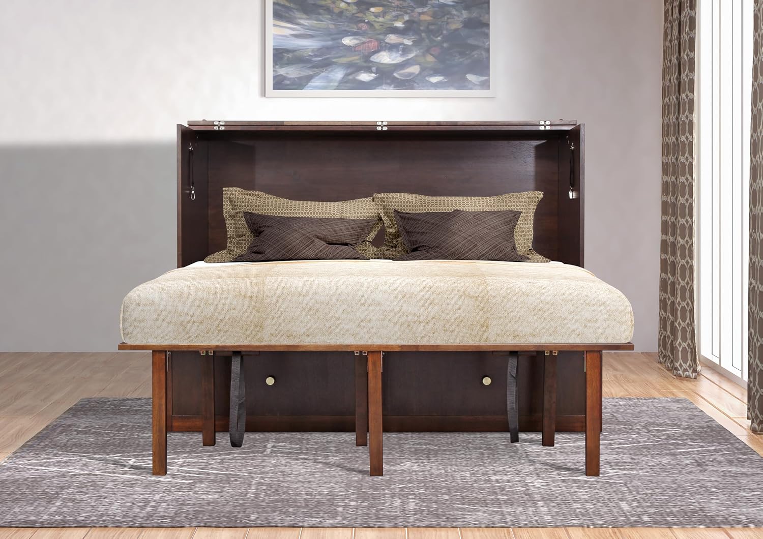 Mega Solutions Notturno Murphy Cabinet Bed Queen 8 inch Save Space in Style with Elegant Chestnut Wood Finish Charging Station - Guest Room or Small Apartment Must-Have