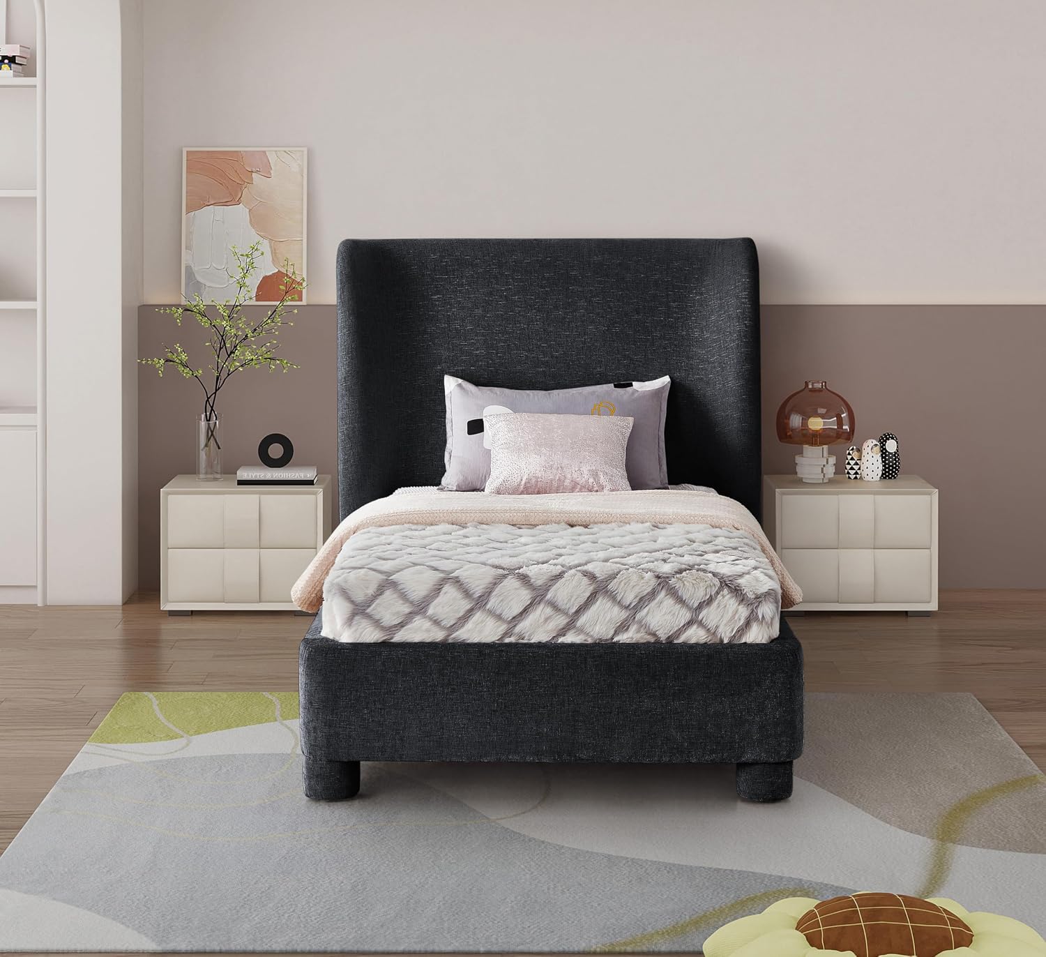 Meridian Furniture B1207Black-T Penny Collection Modern | Contemporary Twin Bed with Rich Black Chenille Fabric, Curved Headboard, 52' W x 82.5' D x 52' H, Black, Twin