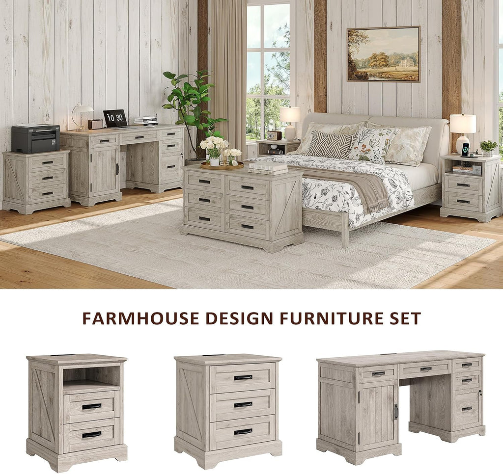 Whalefall Farmhouse Nightstand with Charging Station, 3 Drawers Bedside Table, 22 inch Wide End Table for Bedroom, Light Wash Grey