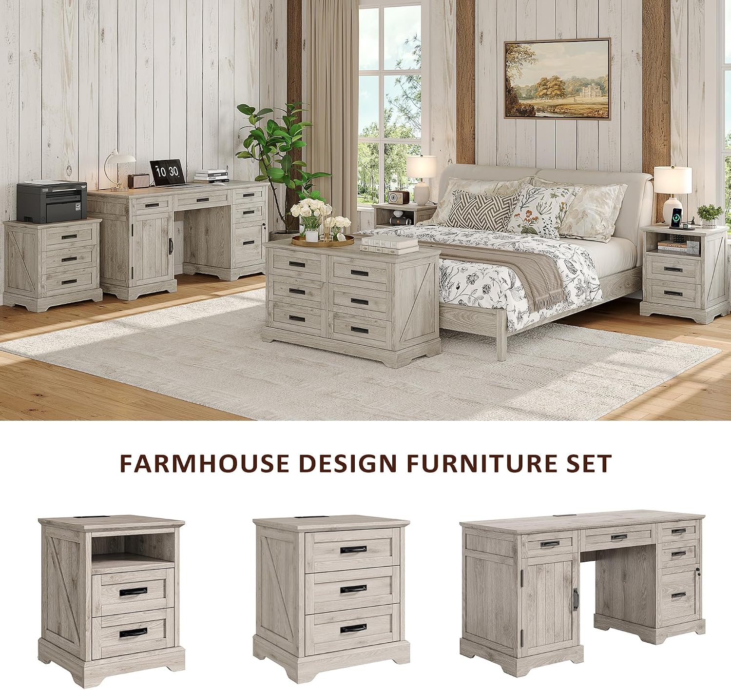 Whalefall Farmhouse Nightstand with Charging Station, 3 Drawers Bedside Table, 22 inch Wide End Table for Bedroom, Light Wash Grey