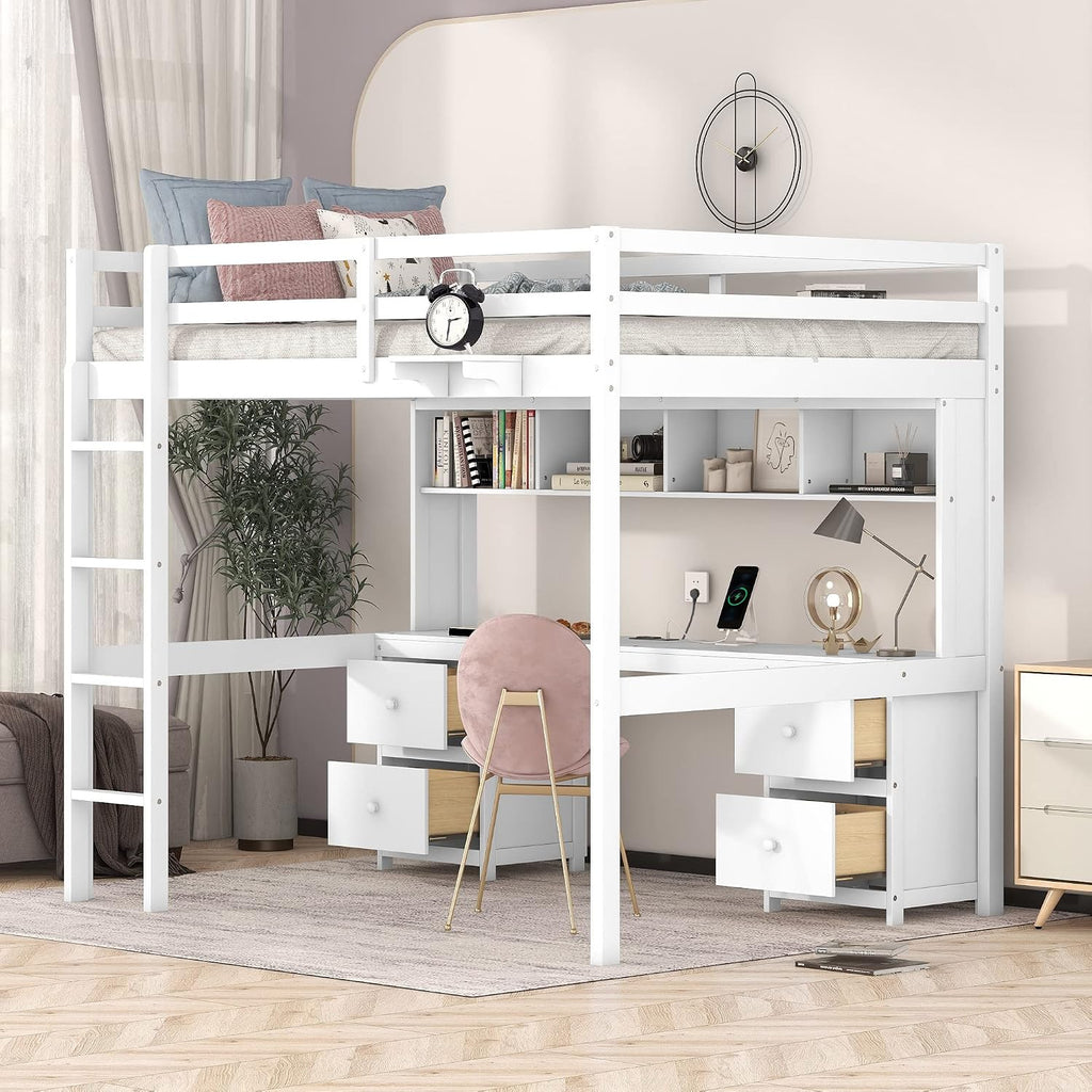 Full Size Loft Bed with Desk and Cabinets,Multifunctional Storage Solid Wood Bed Frame w/Drawers,Bedside Tray,Charging Station,Integrated Ladder,for Bedroom,Apartment,White