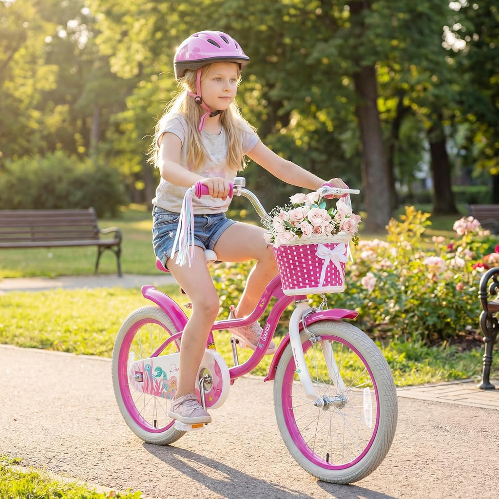 Olakids Kids Bike, 12 14 16 18 20 Inch Mermaid Theme Girls Bicycle with Training Wheels Basket Adjustable Seat and Handlebar Dual Brake