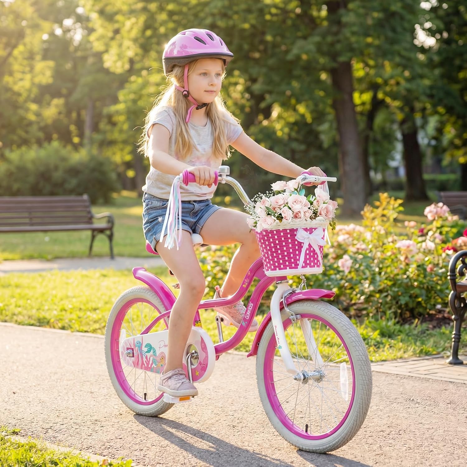 Olakids Kids Bike, 12 14 16 18 20 Inch Mermaid Theme Girls Bicycle with Training Wheels Basket Adjustable Seat and Handlebar Dual Brake