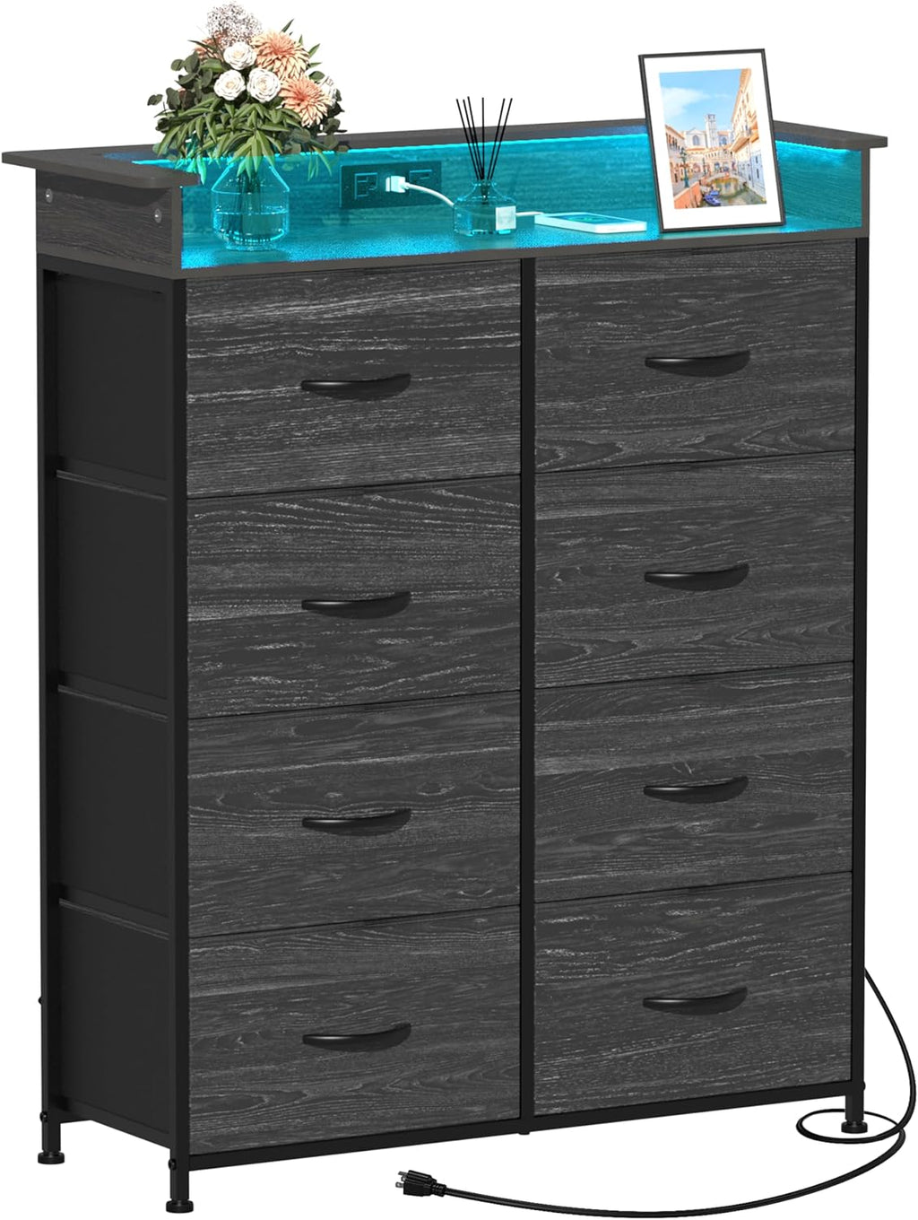 Fabric Dresser for Bedroom with LED Light and Charing Station Tall Dressers with 8 Drawers Black Dresser & Chest of Drawer for Closet Living Room Hallway Sturdy Steel Frame Wood Top