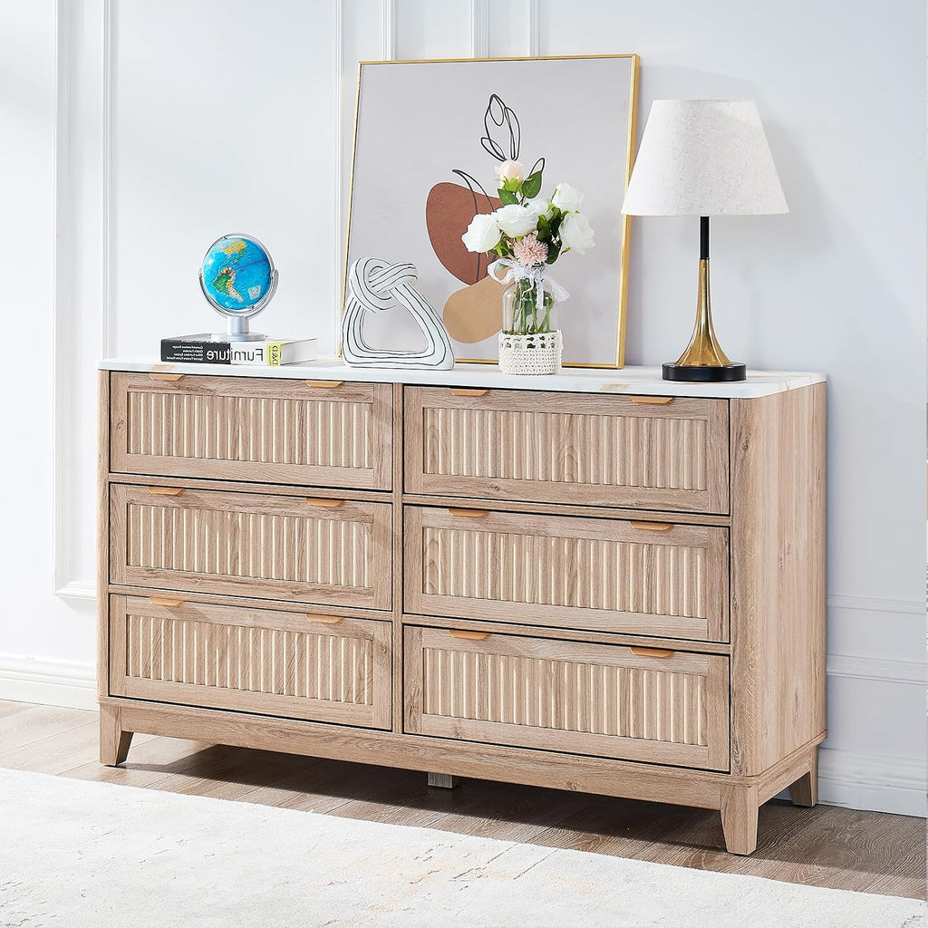 6 Drawers Dresser for Bedroom, 54' Large Storage Dresser, Natural Oak Dressers with Faux Marble Top, Modern Dressers & Chests of Drawers for Living Room Entryway, Natural Fluted 6 drawers dresser