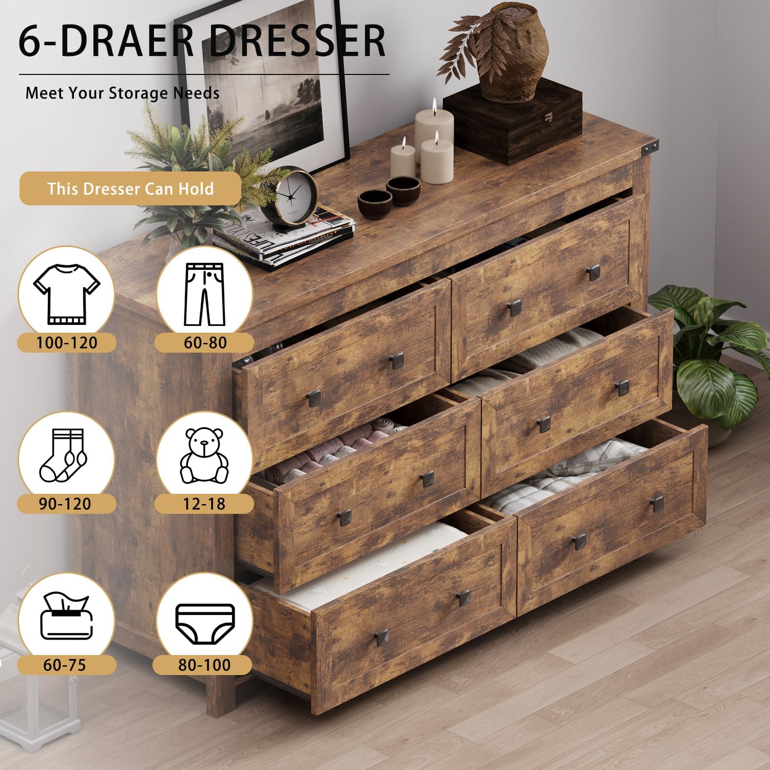 Wodeer 6 Drawer Dresser for Bedroom, Brown Modern Dressers & Chests of Drawers with Metal Handles, Closet Storage Dresser, Storage Cabinet and Organizer with Drawers