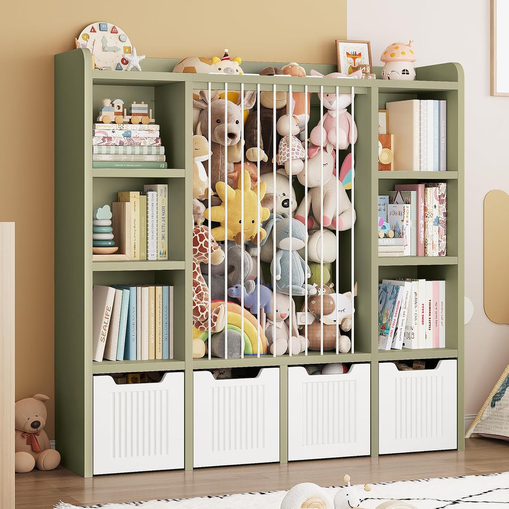 ONBRILL Toy Storage Organizer, Toddler Stuffed Animal Storage, Kids Toy Shelf with 6 Open Cubbies & 4 Movable Toy Chest, Bookshelf for Kids Room Playroom Bedroom Nursery (Green)