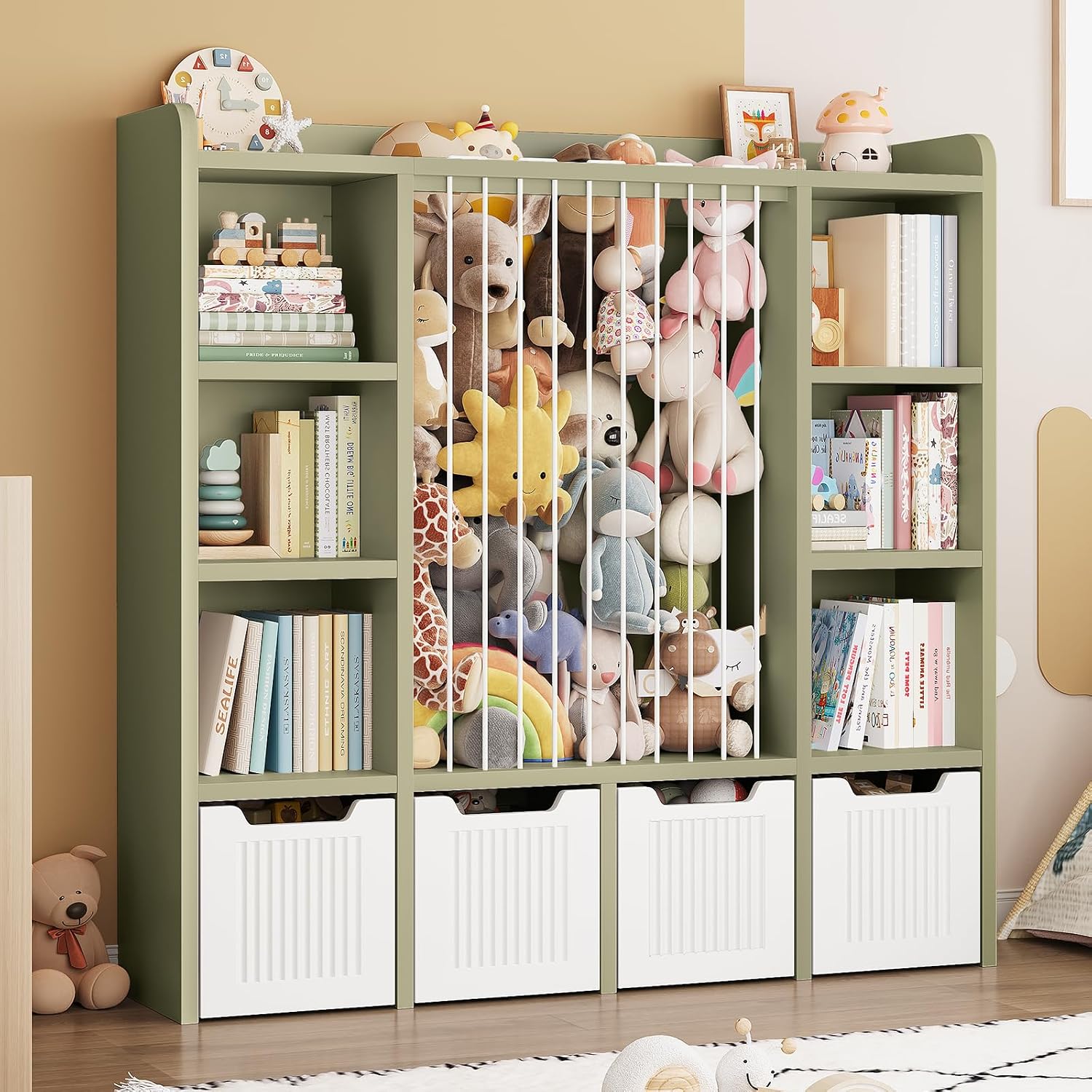 ONBRILL Toy Storage Organizer, Toddler Stuffed Animal Storage, Kids Toy Shelf with 6 Open Cubbies & 4 Movable Toy Chest, Bookshelf for Kids Room Playroom Bedroom Nursery (Green)