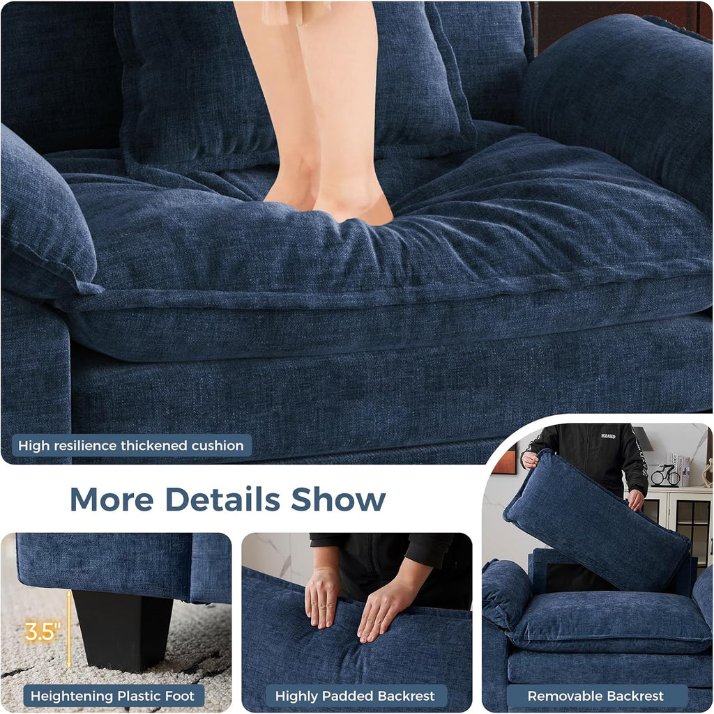 HUSFU 49.5'' W Oversized Accent Chair, Chenille Cloud Sofa Chair with Deep Seat and Extra Wide Armrests, Comfy Reading Armchair for Bedroom, Living Room, Set of 2, Blue