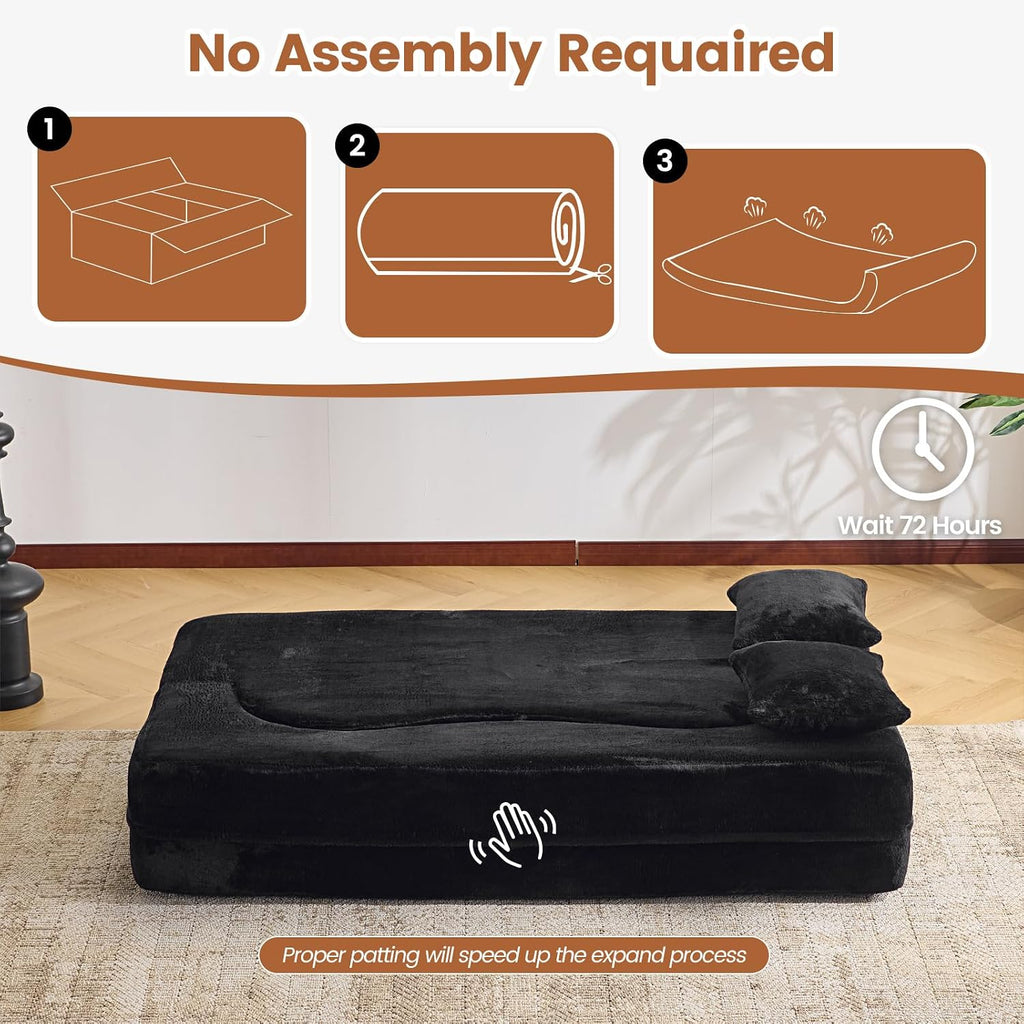 Convertible Folding Sofa Bed, 71' Single Size Loveseat Sleeper Sofa, Chenille Foldable Boneless Floor Couch with 4 Pillows for Guest Living Room Bedroom, No Assembly Required (Black)