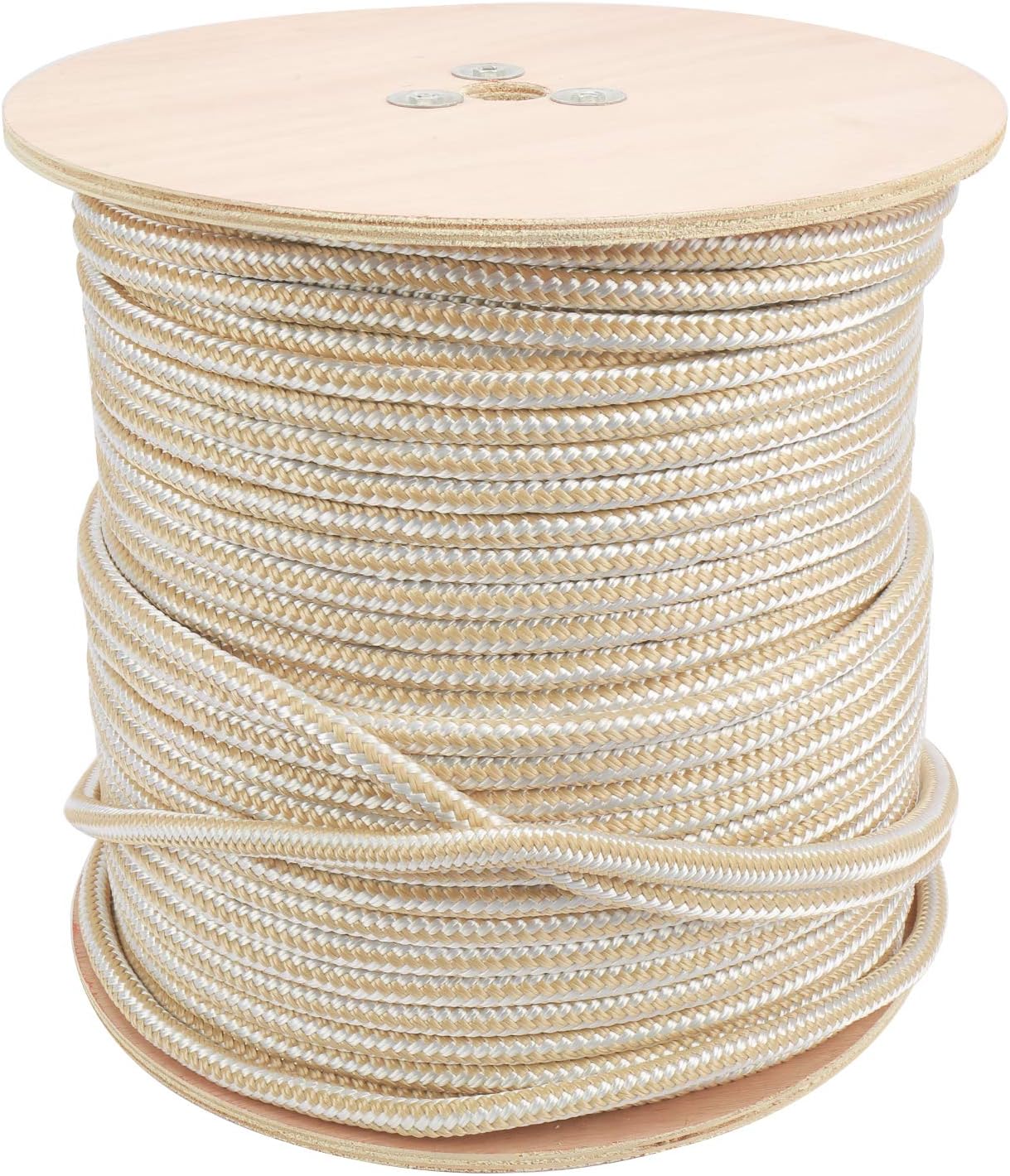 NovelBee 1/2 Inch X 600 Feet Double Braid Nylon Anchor Line with Stainless Steel Thimble and Wood Chuck (White/Gold)