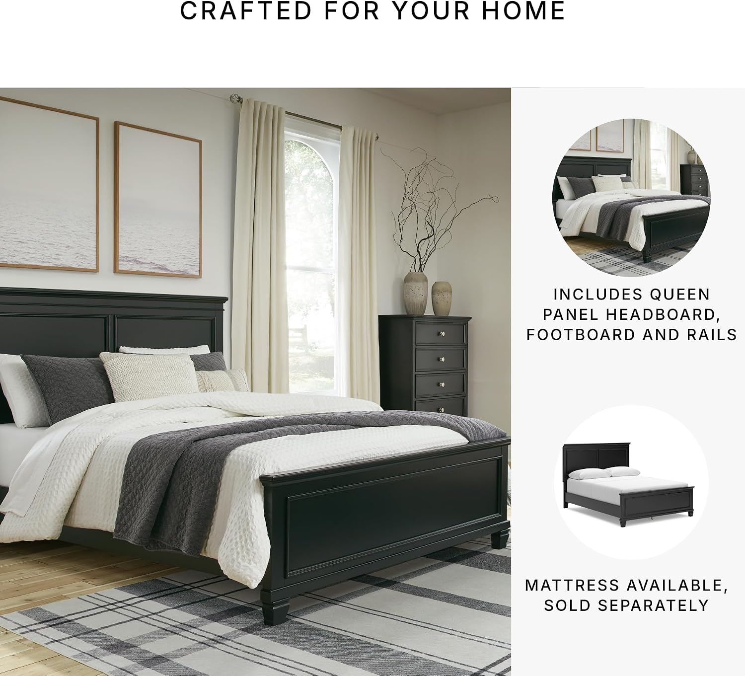 Signature Design by Ashley Lanolee Transitional Queen Panel Bed with Tapered Feet, Foundation or Box Spring Needed, Black