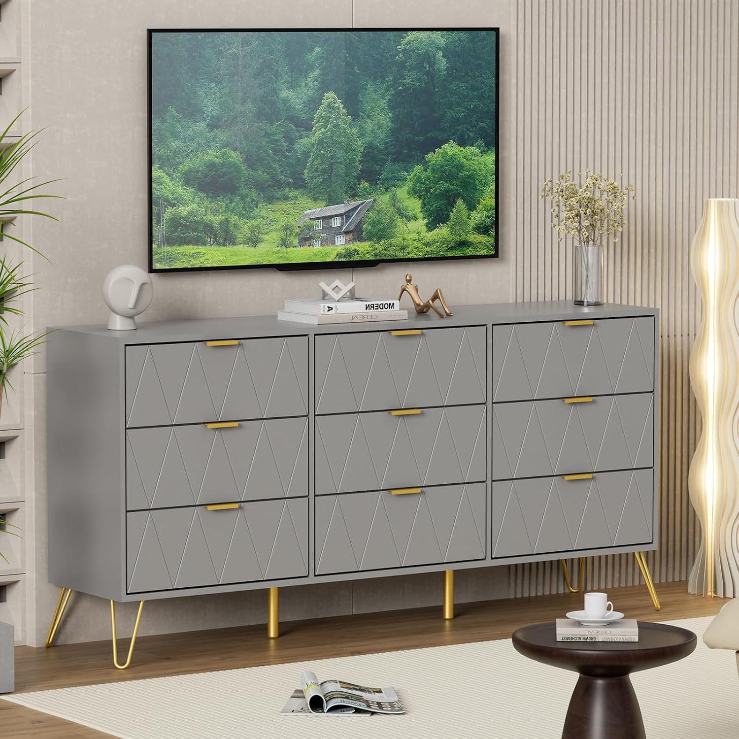UEV Grey Dresser for Bedroom,Modern 9 Drawer Triple Dresser with Gold Accents,Long Storage Organizer for TV Stand & Closet,Large Chest of Drawers for Living