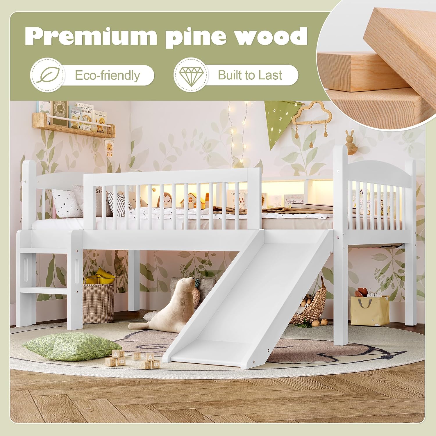 JIVOIT Twin XL Loft Bed with Storage Shelves, Solid Wood Lower Loft Bed with Full-Length Guardrails, Wood Slats Support, Space-Saving Design, No Box Spring Needed (White,Twin XL,51)