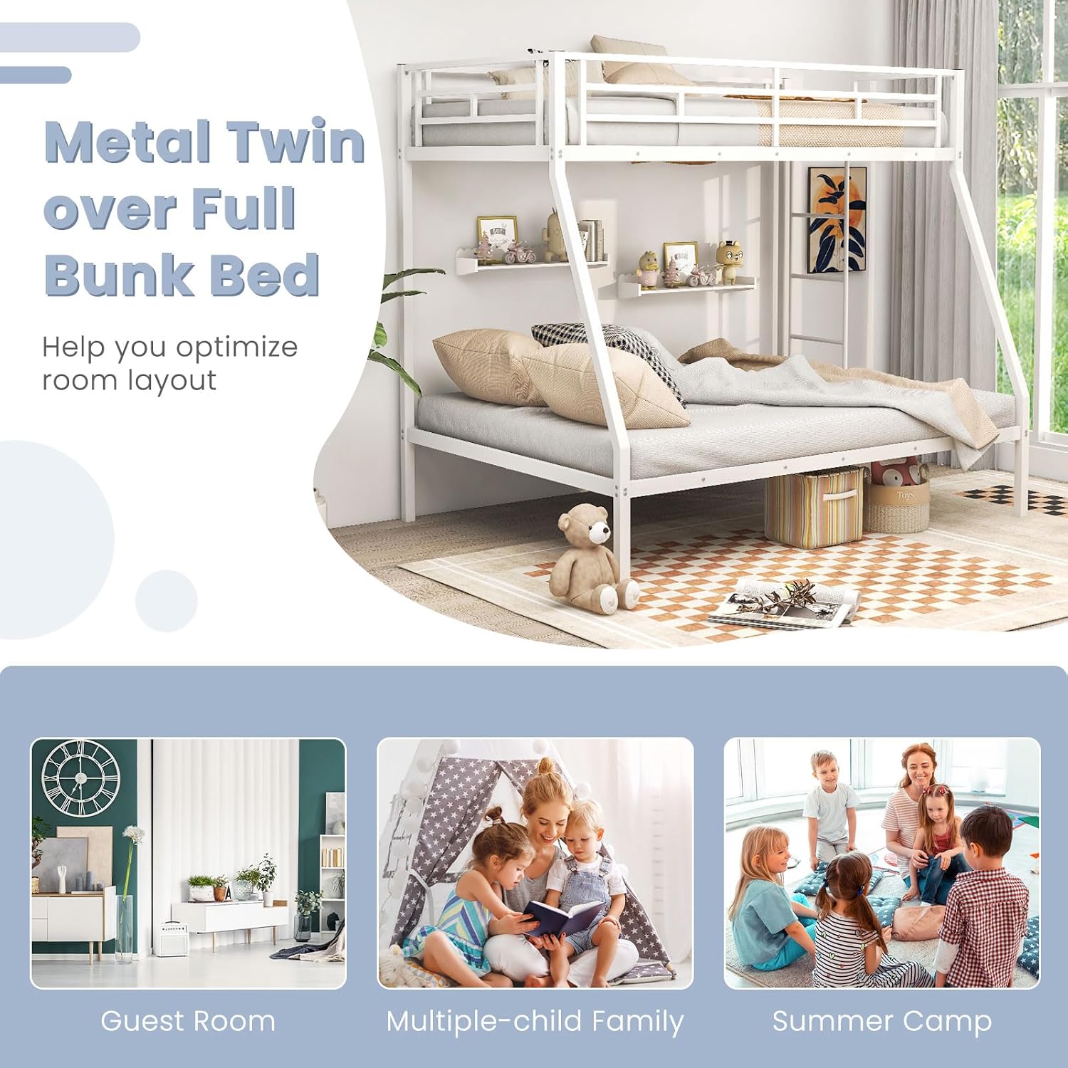 DORTALA Twin Over Full Bunk Bed, Metal Bunk Bed Frame w/Ladder, Safety Rail & Steel Slats, Space-Saving Bunk Beds for Kids Teens Adults, Noise Free for Dorm Bedroom, No Box Spring Needed, White