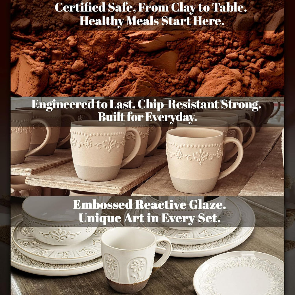 Artena Plates And Bowls Sets, 16 Pieces Dinnerware Sets, Dish Set For 4, Ceramic Kitchen Bowl And Plate Set, Embossed White Dishware Sets, Dishwasher & Microwave Safe (Damask Floral) (With Mugs)