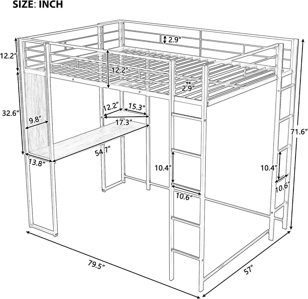 Full Size Loft Bed with 2 Shelves and Desk, Metal Structure Bed Frame with Build-in Ladders and Safety Guardrail for Dorm, Bedroom, Guest Room, No Box Spring Needed (Black-02, Full)