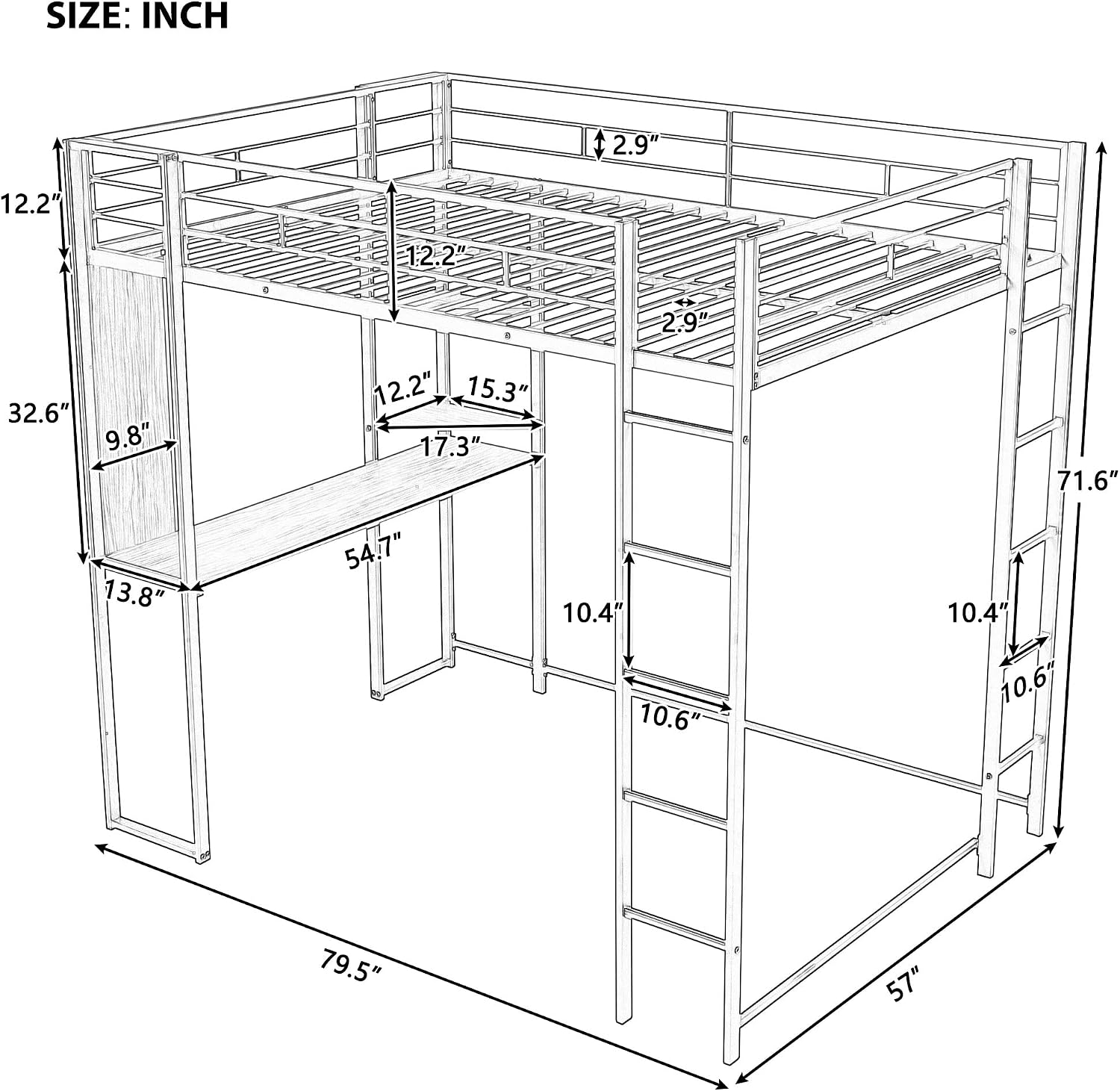 Full Size Loft Bed with 2 Shelves and Desk, Metal Structure Bed Frame with Build-in Ladders and Safety Guardrail for Dorm, Bedroom, Guest Room, No Box Spring Needed (Black-02, Full)